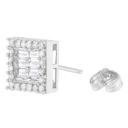 14K White Gold 1 cttw Round and Baguette Diamond Stud Earrings (H-I, SI1-SI2) by Bids.com