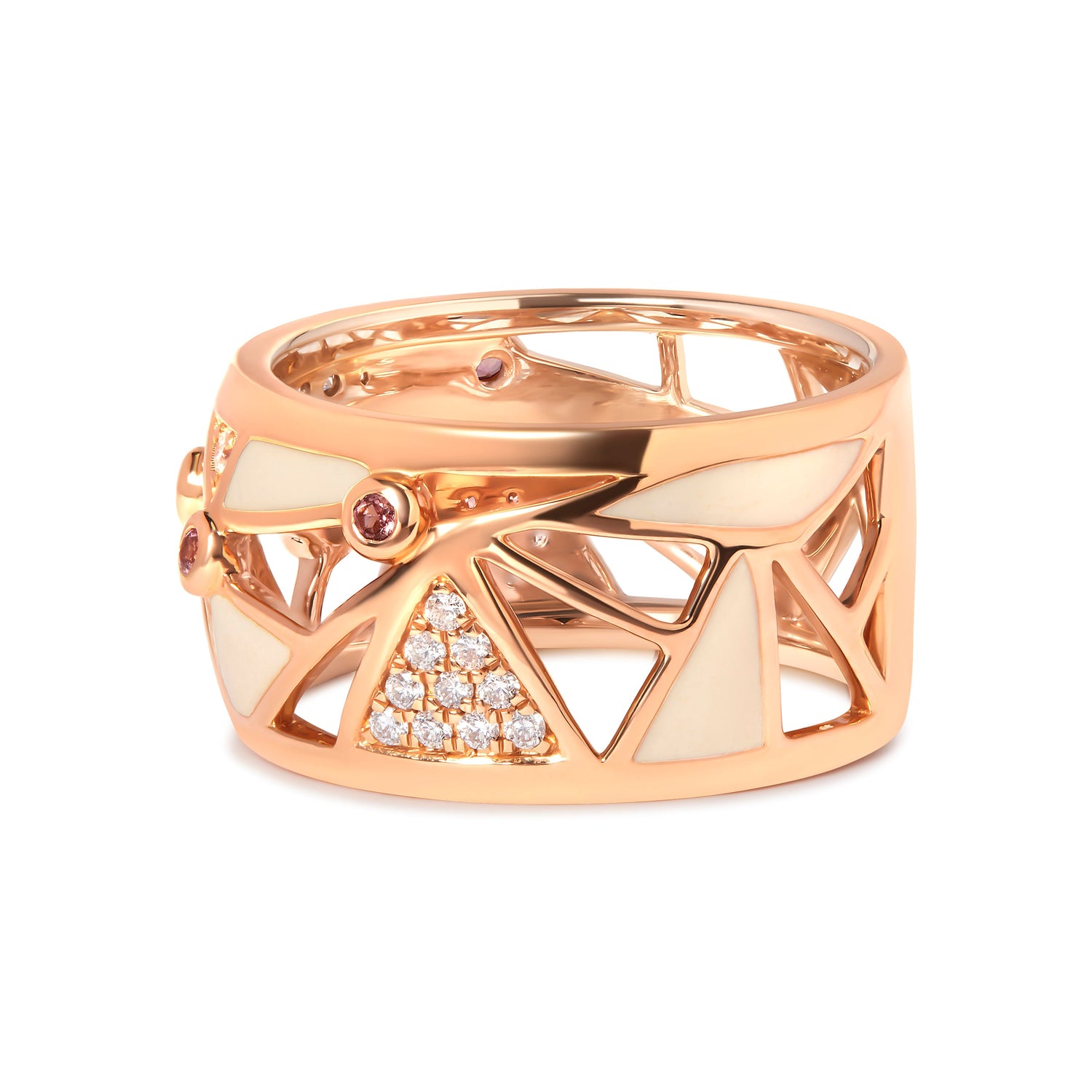 14K Rose Gold 1/3 Cttw Diamond and Pink Tourmaline Cigar Band Ring with White Enamel (G-H Color, SI1-SI2 Clarity) by Bids.com