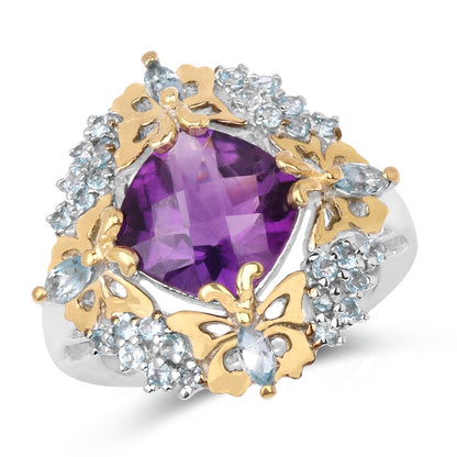 Two Tone Plated 4.45 Carat Genuine Amethyst &amp; Blue Topaz .925 Sterling Silver Ring  DestGlow
