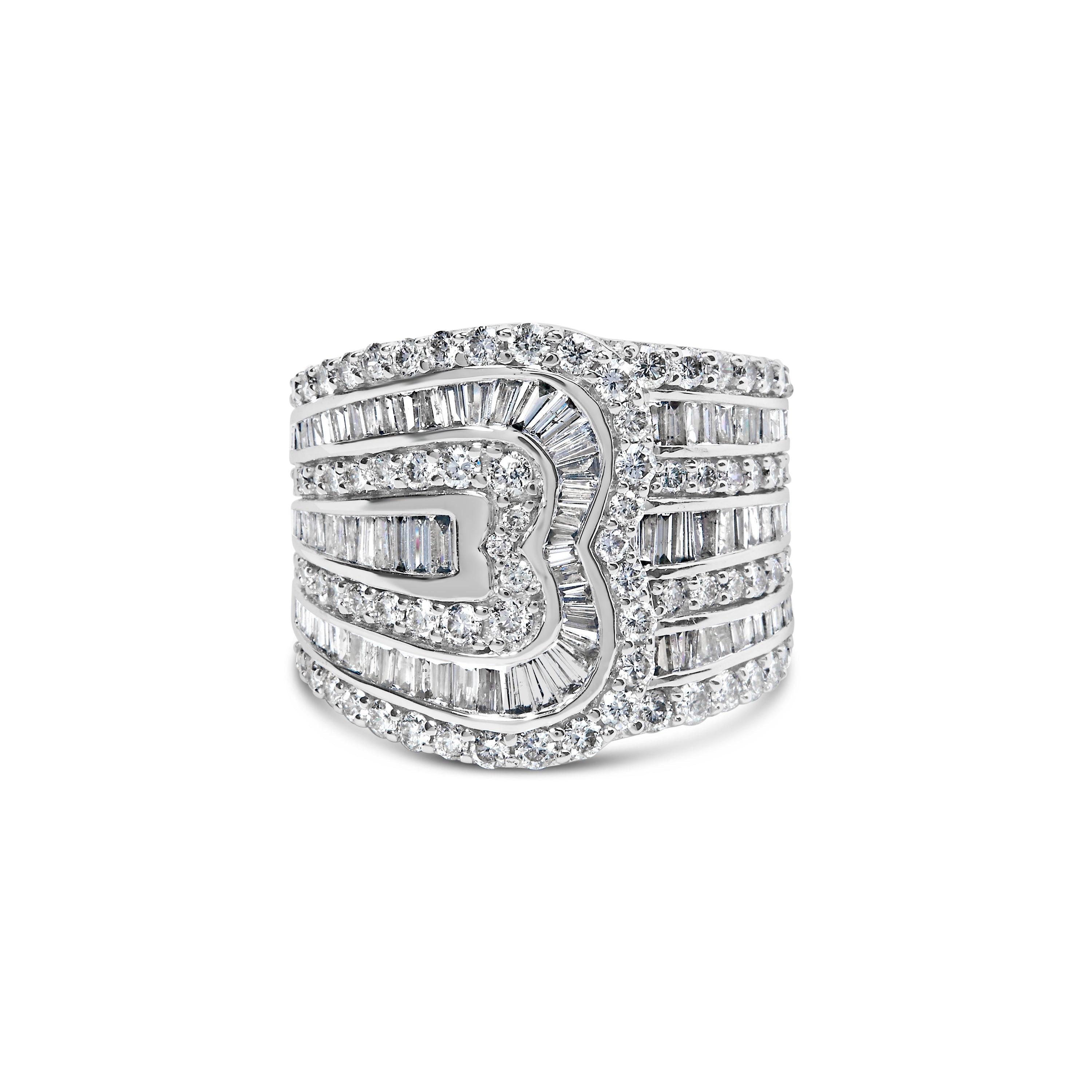 10K White Gold 2 1/2 Cttw Round and Baguette-Cut Diamond Multi-Row Bypass Ring (J-K Color, I2-I3 Clarity) - Ring Size 7 by Bids.com