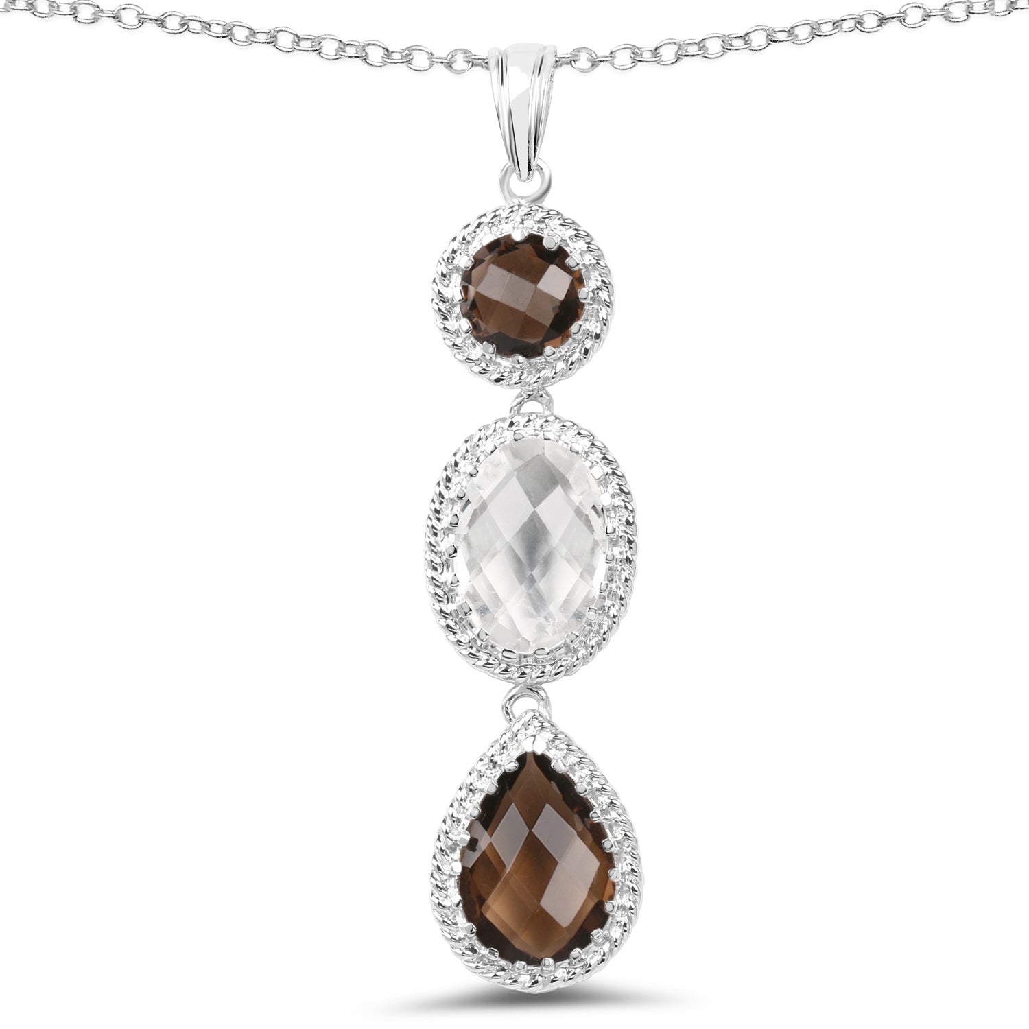 12.14 Carat Genuine Crystal Quartz &amp; Smoky Quartz .925 Sterling Silver Pendant  DestGlow