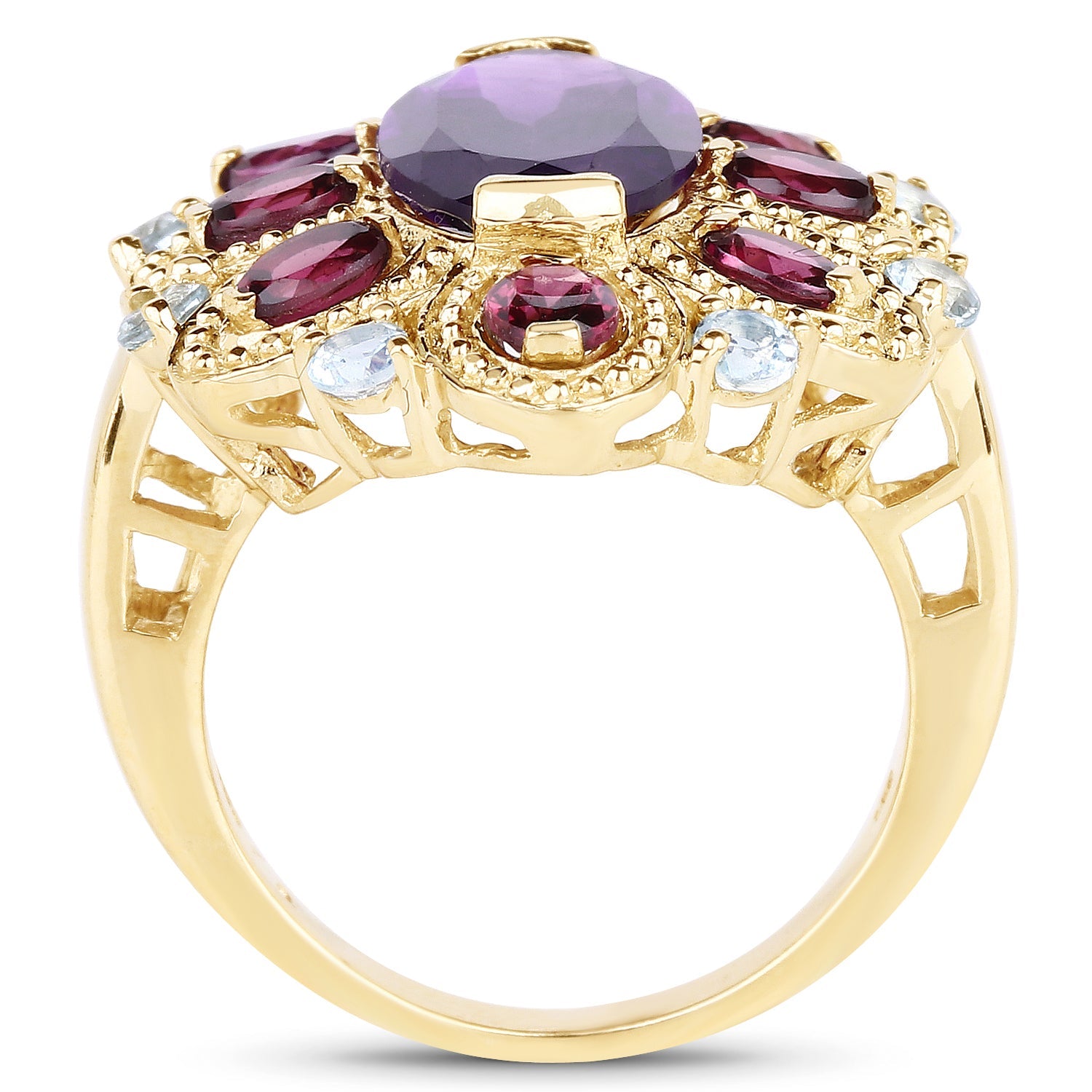 14K Yellow Gold Plated 6.80 Carat Genuine Amethyst, Rhodolite &amp; Blue Topaz .925 Sterling Silver Ring by Bids.com