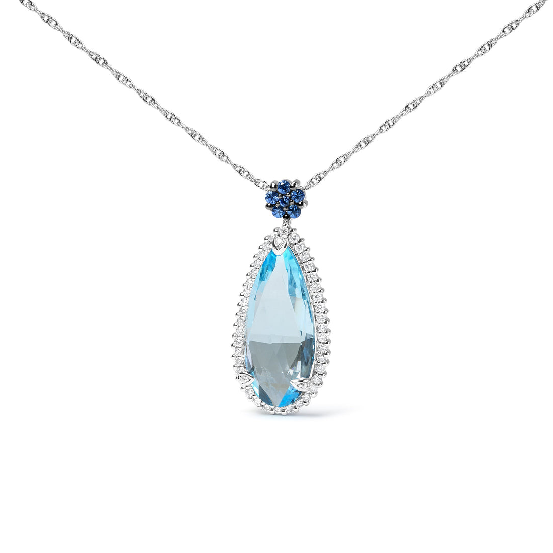 18K White Gold 3/8 Cttw Pave Set Diamond and Sky Blue Topaz and Blue Sapphire Gemstone Floral Teardrop Halo 18" Pendant Necklace (G-H Color, SI2-I1 Clarity) by Bids.com