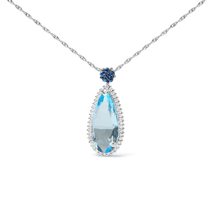 18K White Gold 3/8 Cttw Pave Set Diamond and Sky Blue Topaz and Blue Sapphire Gemstone Floral Teardrop Halo 18" Pendant Necklace (G-H Color, SI2-I1 Clarity) by Bids.com