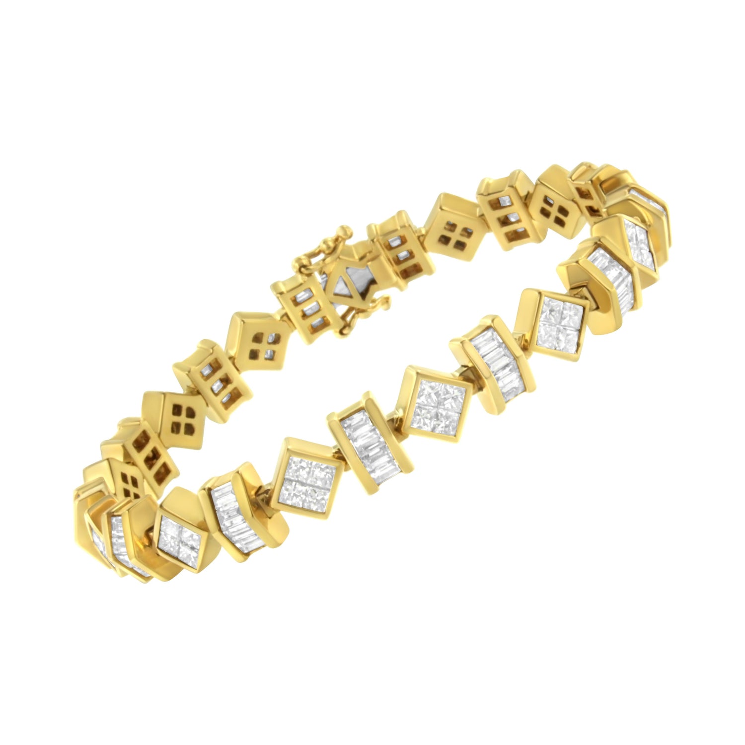14K Yellow Gold 7.50 Cttw Princess and Baguette Diamond Geometric Link Bracelet by Bids.com