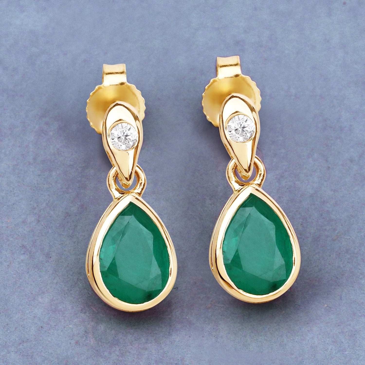 1.35 Carat Genuine Zambian Emerald and White Diamond 14K Yellow Gold Earrings  DestGlow