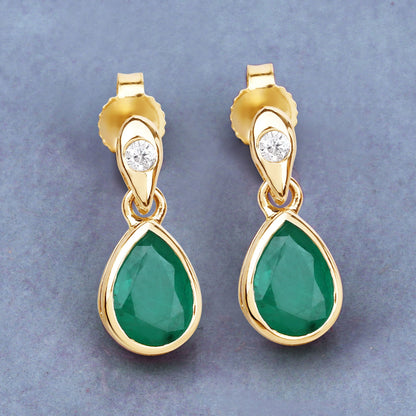 1.35 Carat Genuine Zambian Emerald and White Diamond 14K Yellow Gold Earrings  DestGlow