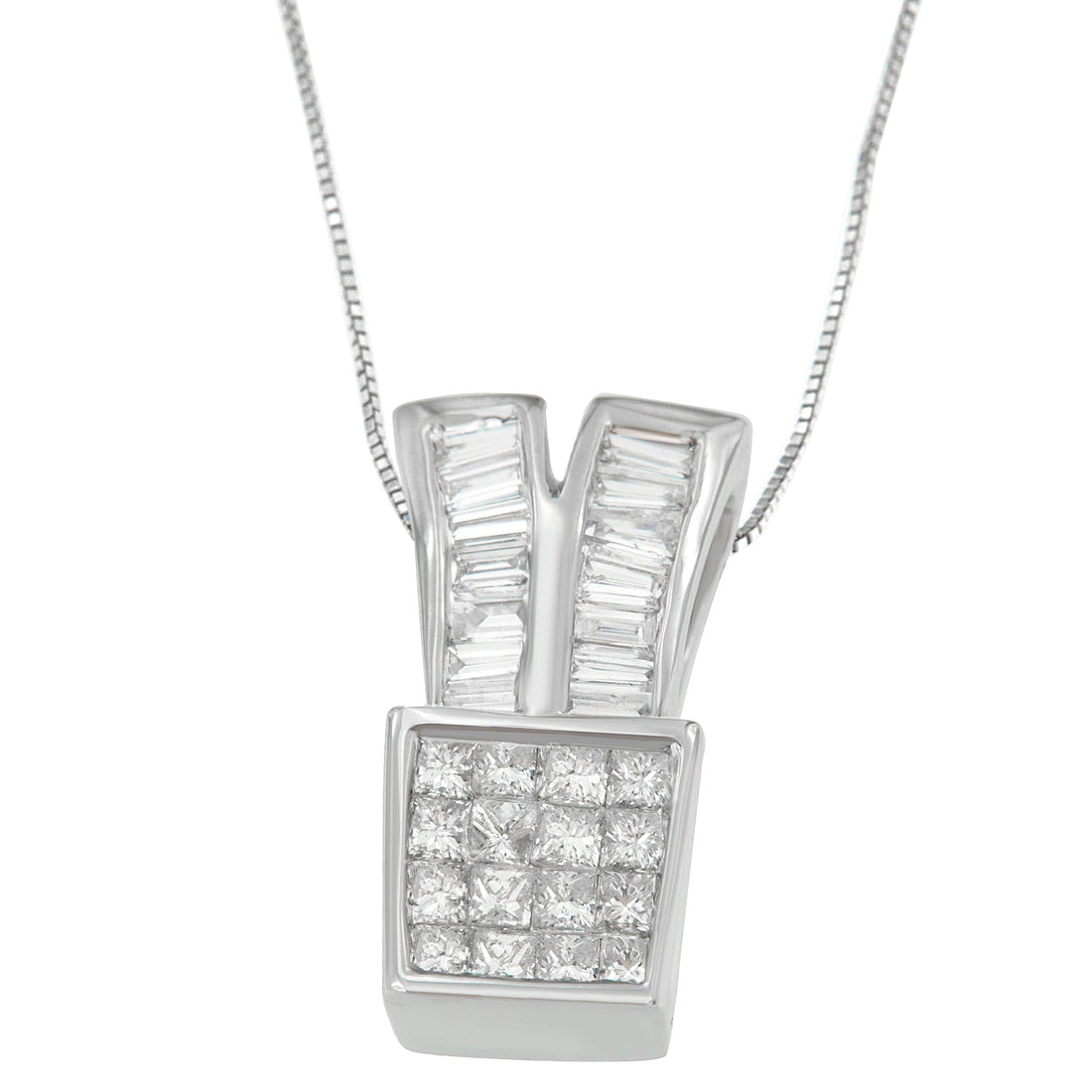 14K White Gold 1 1/3 cttw Princess and Baguette Cut Diamond Sparkling Shapes Pendant Necklace (H-I, SI1-SI2) by Bids.com