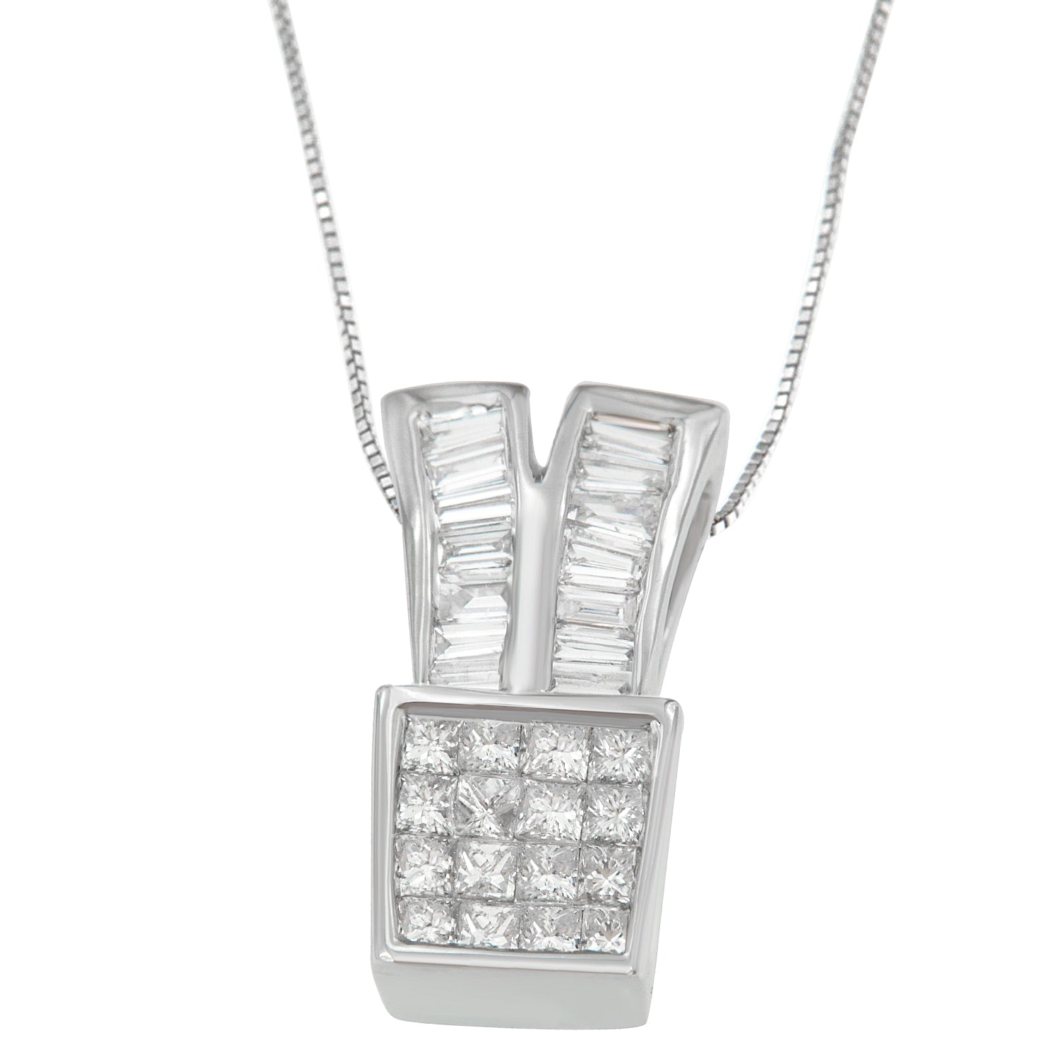14K White Gold 1 1/3 cttw Princess and Baguette Cut Diamond Sparkling Shapes Pendant Necklace (H-I, SI1-SI2) by Bids.com