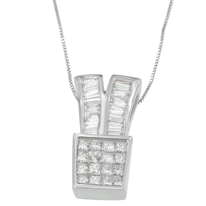 14K White Gold 1 1/3 cttw Princess and Baguette Cut Diamond Sparkling Shapes Pendant Necklace (H-I, SI1-SI2) by Bids.com