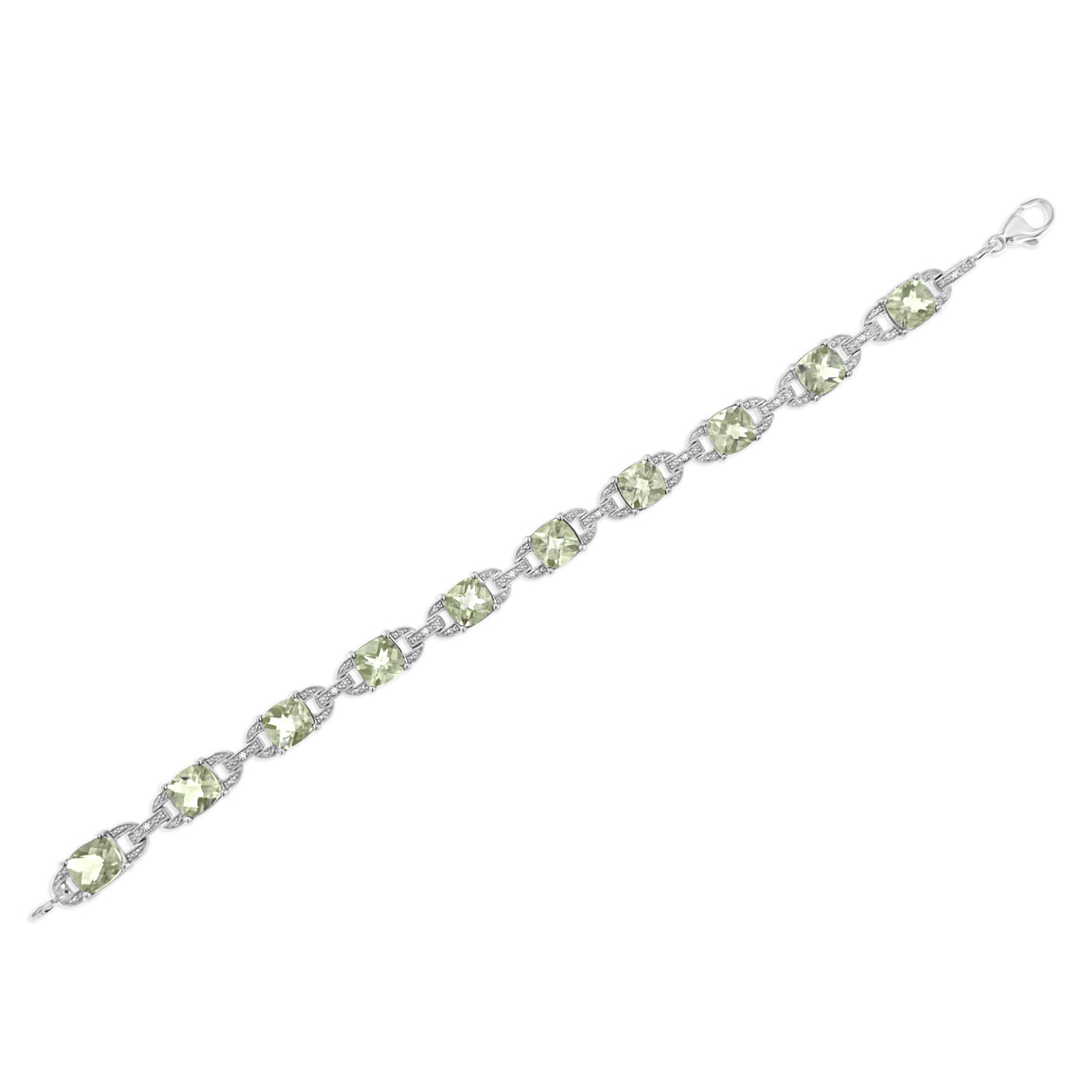 .925 Sterling Silver 7x7 mm Cushion Cut Green Amethyst and 1/20 cttw Round Cut Diamond Fashion Tennis Bracelet (I-J Color, I1-I2 Clarity) - 7"  DestGlow