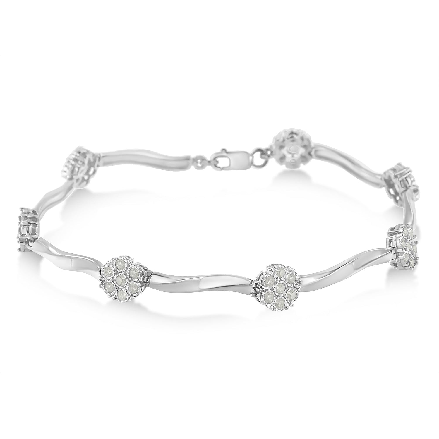 .925 Sterling Silver 1.0 cttw Miracle-Set Diamond 7 Stone Floral Cluster Link Bracelet (I-J Color, I3 Clarity) -7" by Bids.com