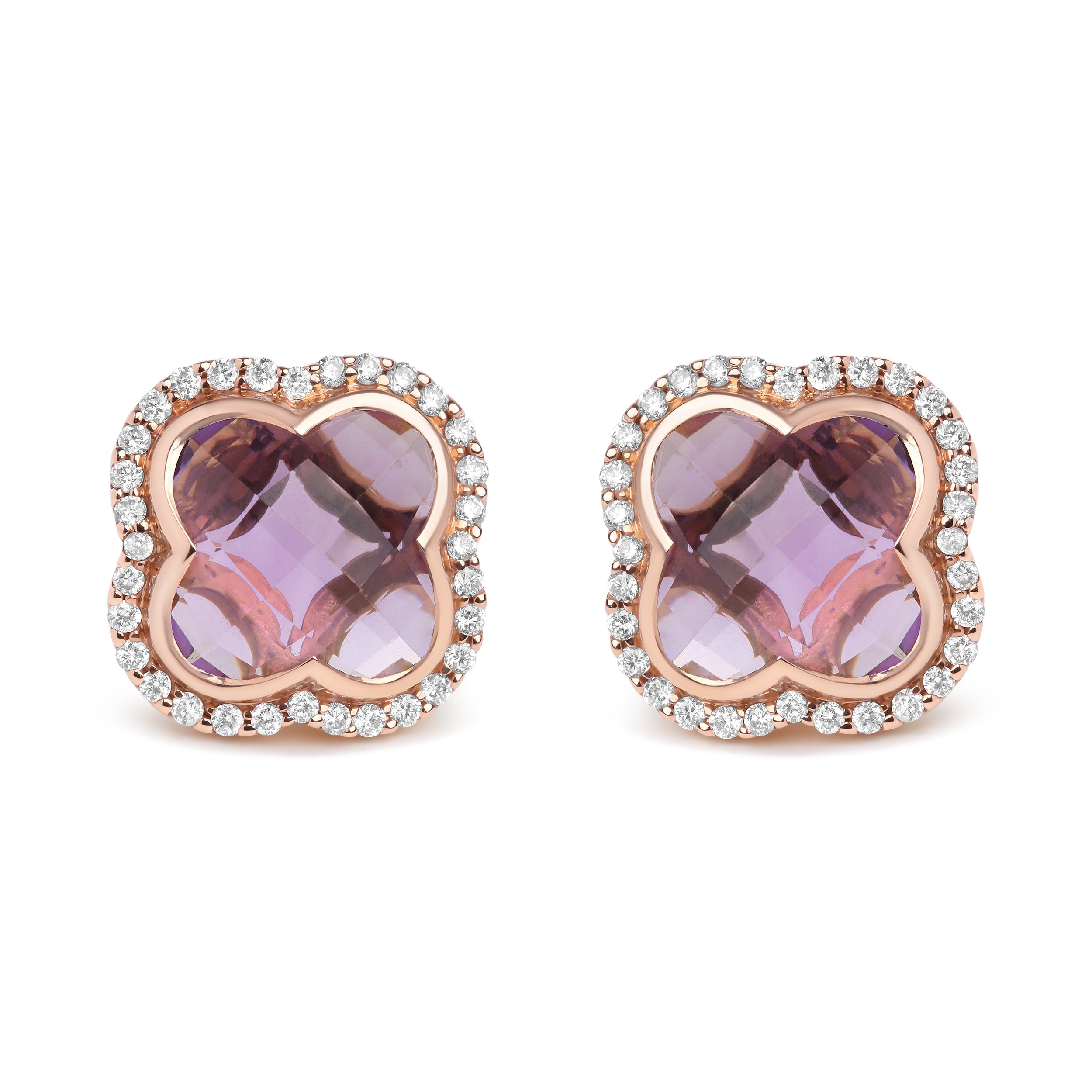 18K Rose Gold 3/8 Cttw Diamond and 11x11mm Clover-Cut Purple Amethyst Gemstone Clover Halo Stud Earrings (G-H Color, SI1-SI2 Clarity) by Bids.com