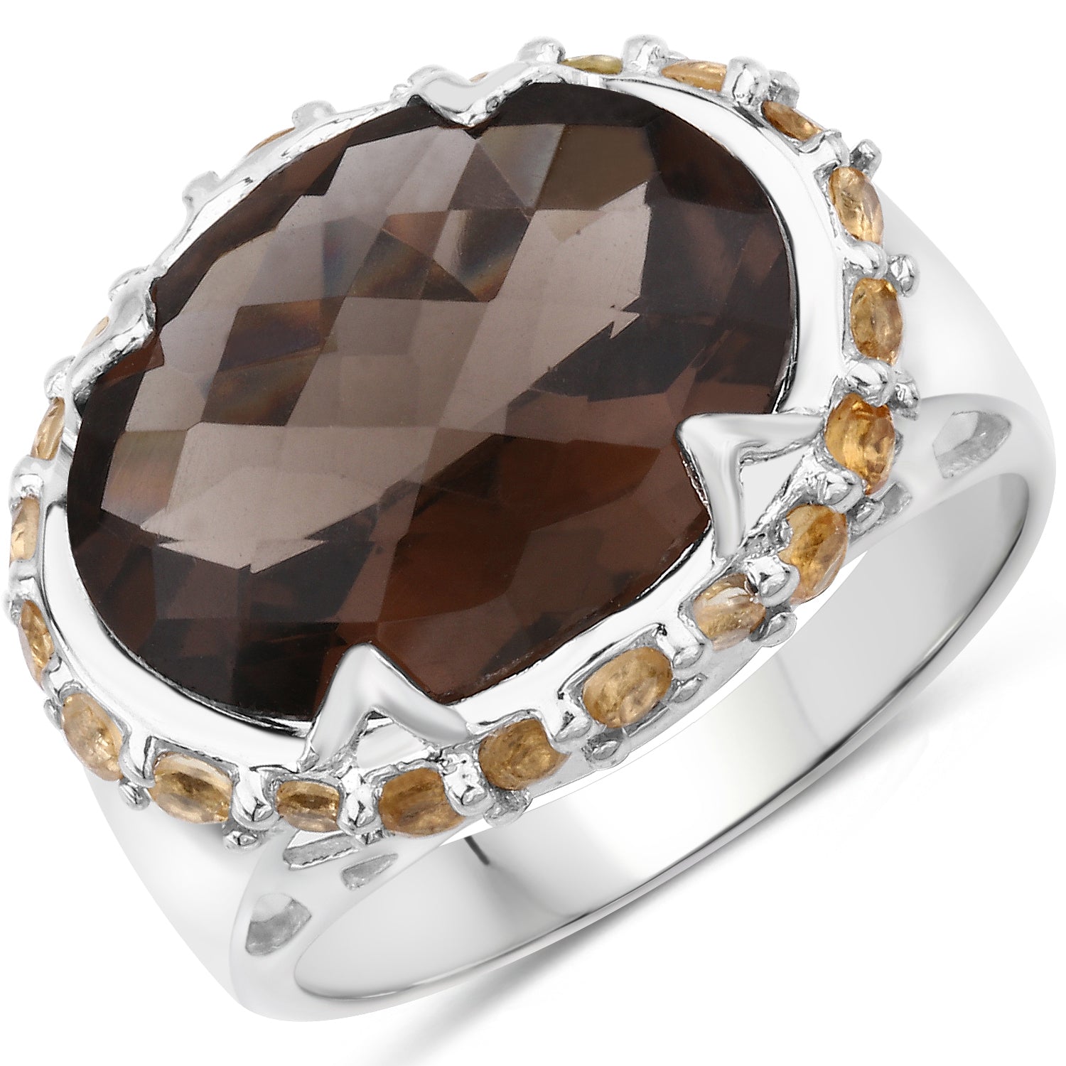 Two Tone Plated 9.58 Carat Genuine Smoky Quartz &amp; Citrine .925 Sterling Silver Ring  DestGlow