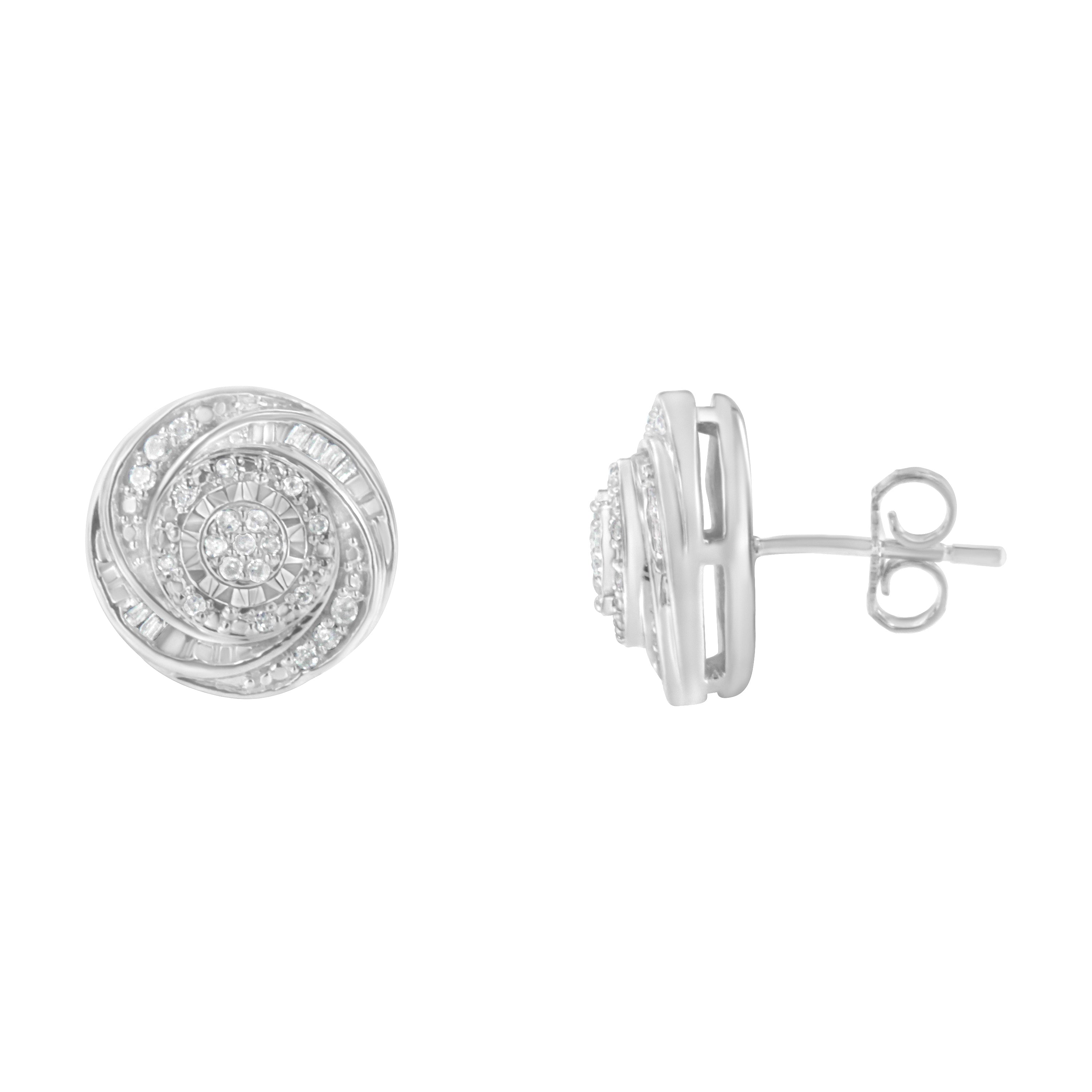 .925 Sterling Silver 1/4 Cttw Baguette and Round Diamond Swirl Love Knot Stud Earrings (I-J Color, I3 Clarity)  DestGlow