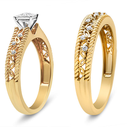14K Yellow Gold Plated .925 Sterling Silver 1/5 Cttw Diamond Art Deco Style Engagement Ring Bridal Set (I-J Color, I3 Clarity) - Ring Size 7 by Bids.com