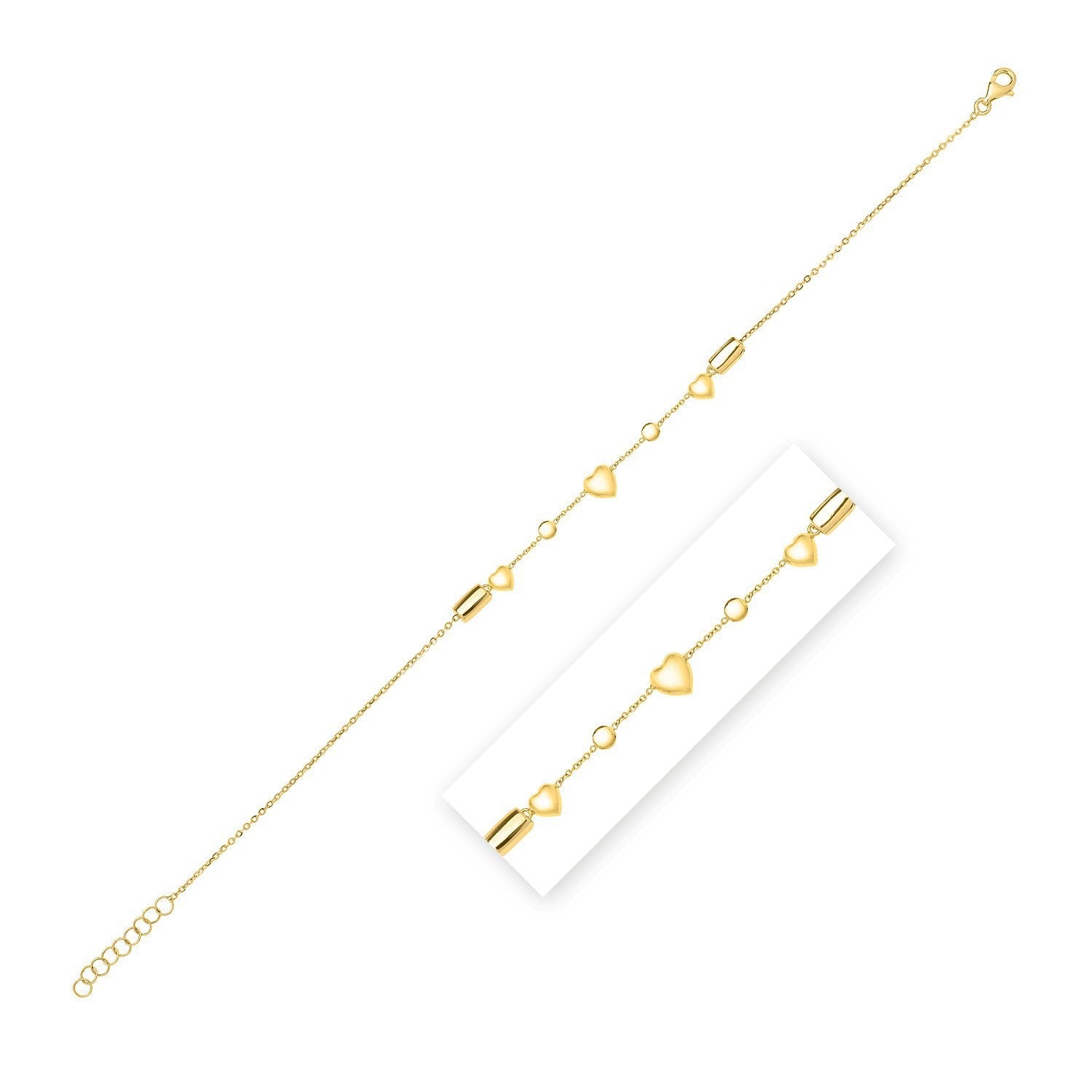 14k Yellow Gold Puff Heart Adjustable Anklet by Bids.com