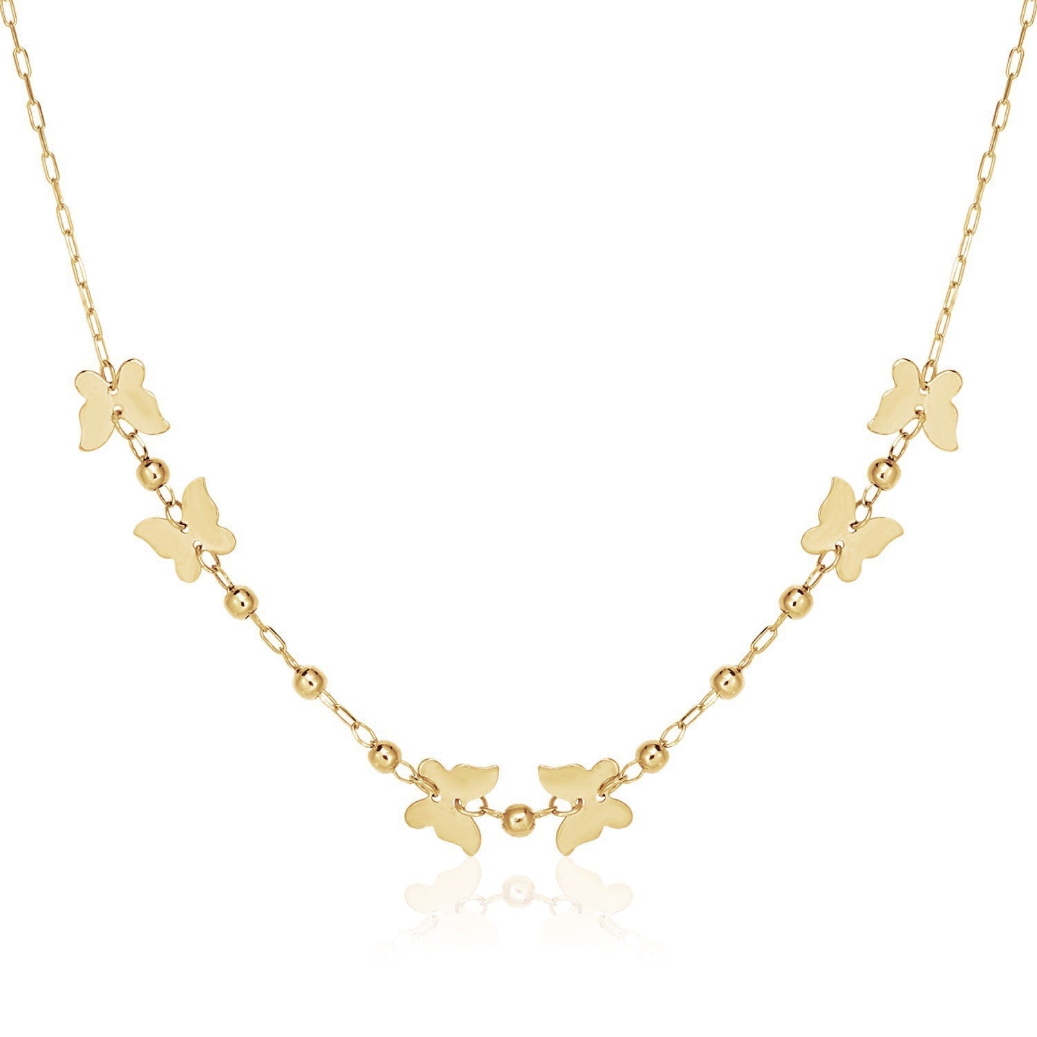 14k Yellow Gold 18 inch Necklace with Polished Butterflies and Beads  DestGlow