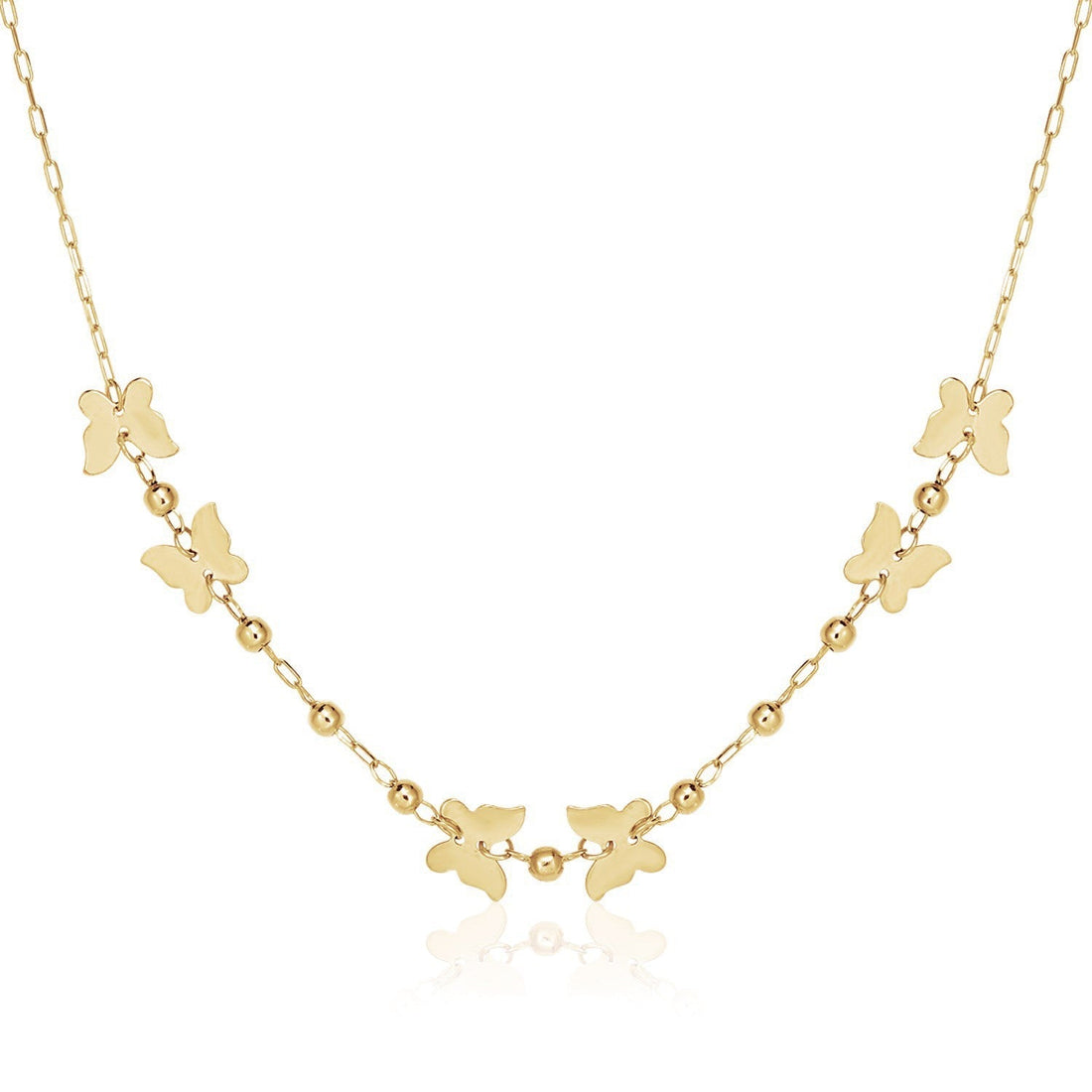 14k Yellow Gold 18 inch Necklace with Polished Butterflies and Beads  DestGlow
