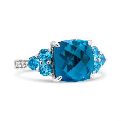 18K White Gold 10mm Cushion Shaped Blue Topaz and 1/6 Cttw Diamond 3 Stone Style Ring (F-G Color, VS1-VS2 Clarity) - Ring Size 6.5 by Bids.com