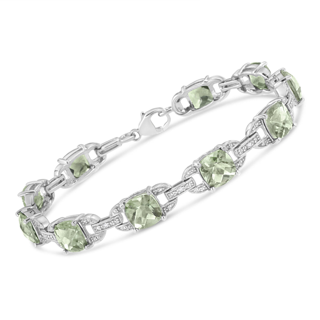 .925 Sterling Silver 7x7 mm Cushion Cut Green Amethyst and 1/20 cttw Round Cut Diamond Fashion Tennis Bracelet (I-J Color, I1-I2 Clarity) - 7"  DestGlow