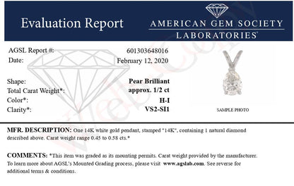 AGS Certified 14K White Gold 1/2 Cttw Diamond Pear 18" Pendant Necklace (H-I Color, VS2-SI1 Clarity) by Bids.com