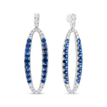 18K White Gold 1.11 Cttw Blue Round Diamond and Blue Sapphire Openwork Oval Shaped Dangle Earrings (F-G Color, VS1-VS2 Clarity) by Bids.com