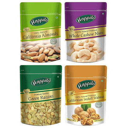 Happilo Premium Californian Almonds, Whole Cashews, Raisins &amp; Walnuts Inshell Combo