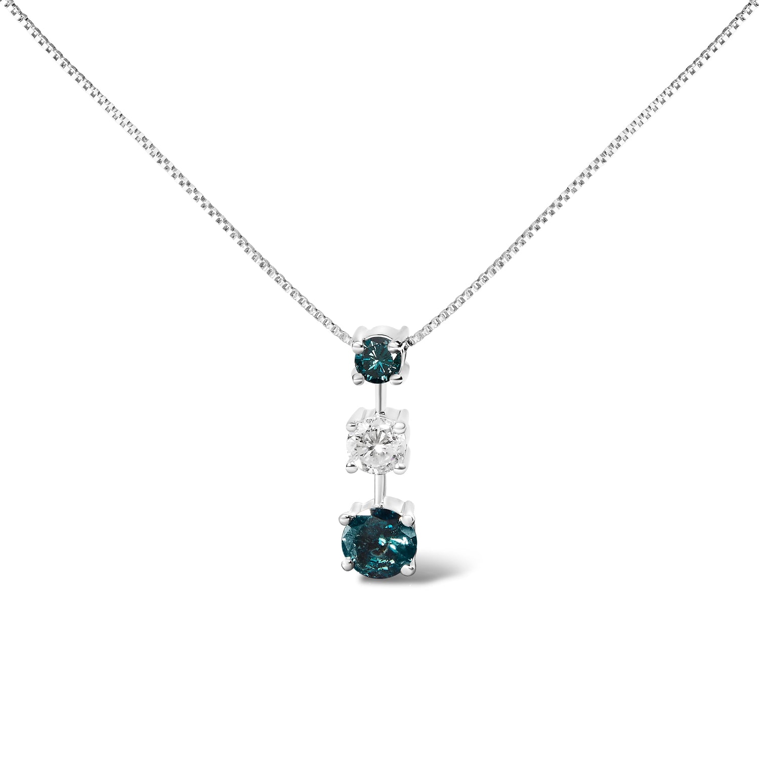 14K White Gold 1 1/2 Cttw Treated Blue and White Diamond 3-Stone 18" Pendant Necklace (Blue/H-I Color, I1-I2 Clarity) by Bids.com
