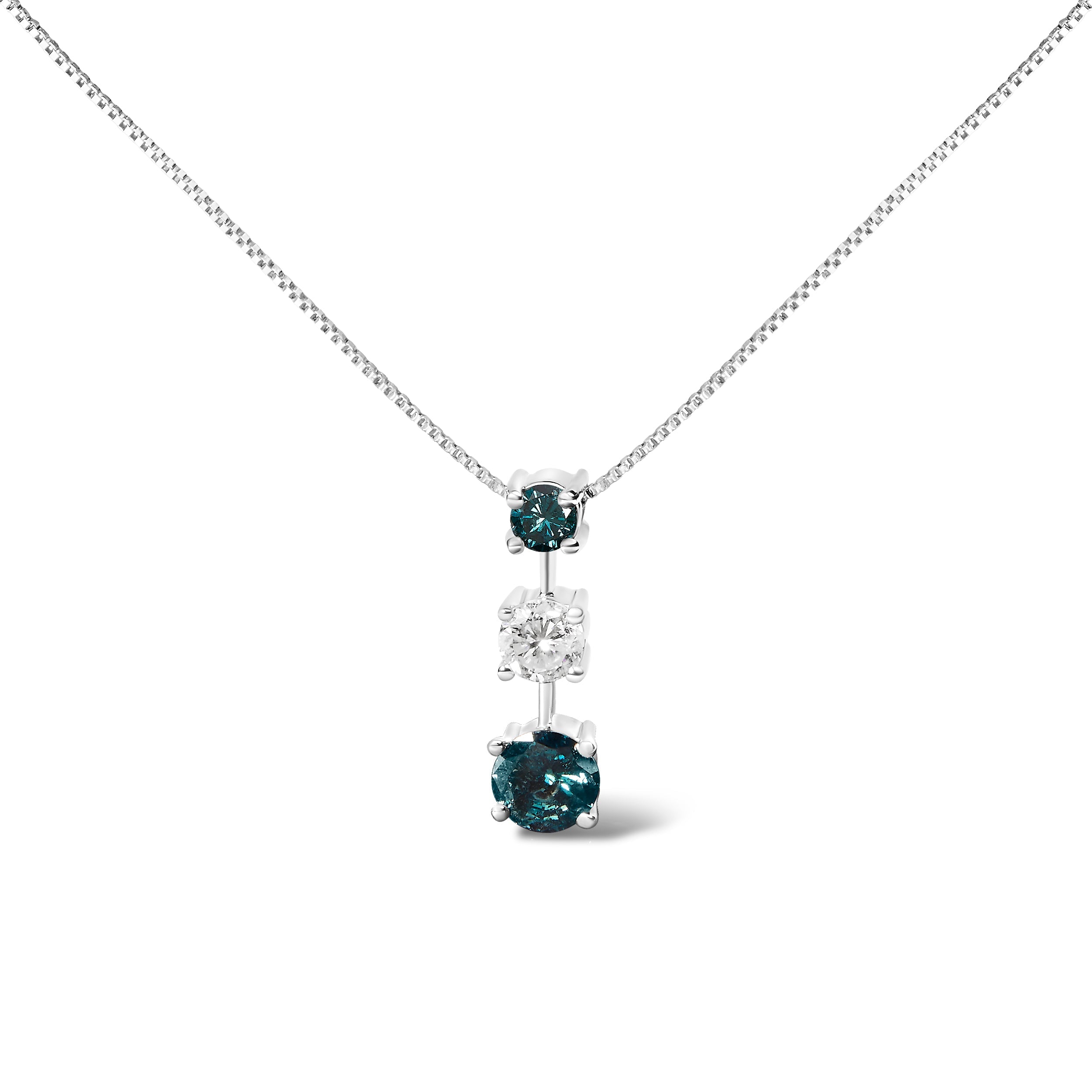14K White Gold 1 1/2 Cttw Treated Blue and White Diamond 3-Stone 18" Pendant Necklace (Blue/H-I Color, I1-I2 Clarity) by Bids.com