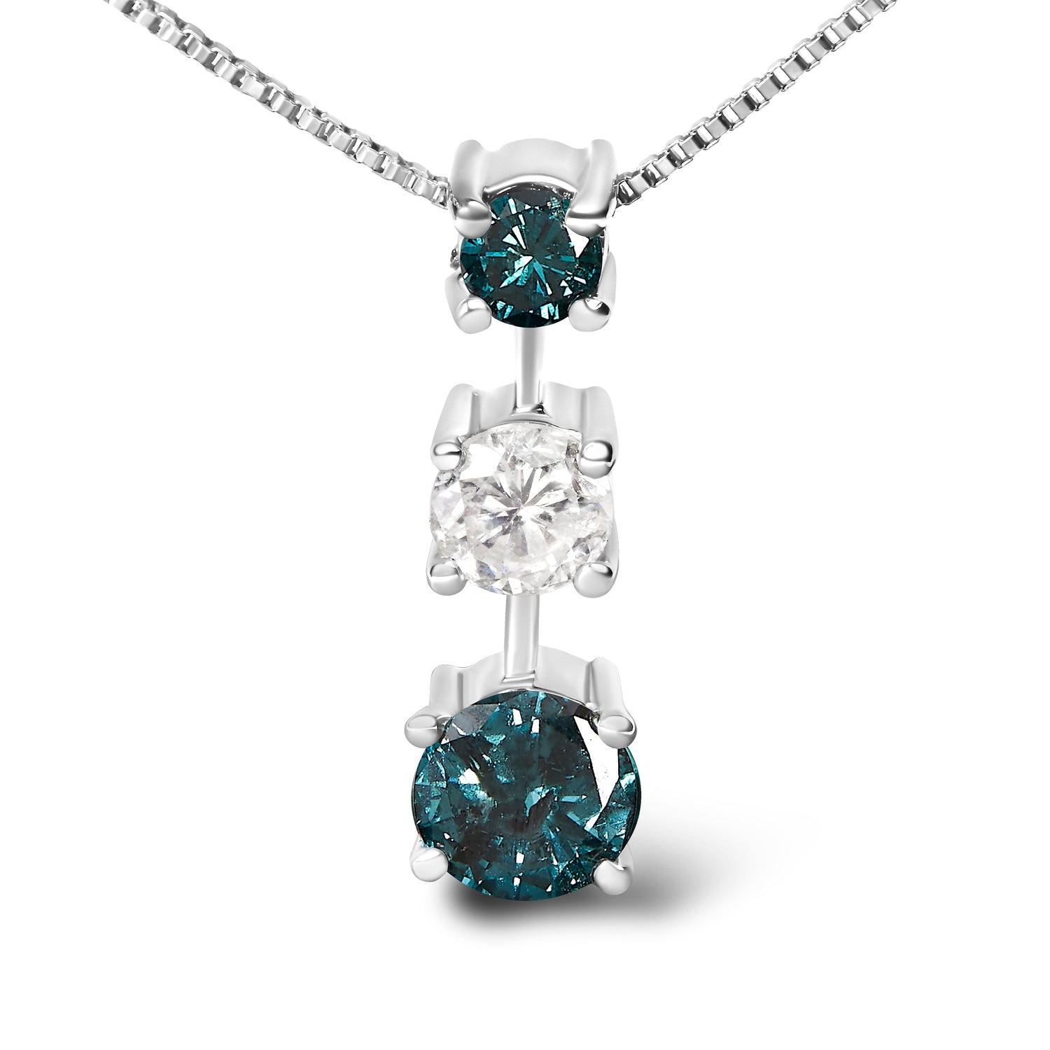 14K White Gold 1 1/2 Cttw Treated Blue and White Diamond 3-Stone 18" Pendant Necklace (Blue/H-I Color, I1-I2 Clarity) by Bids.com