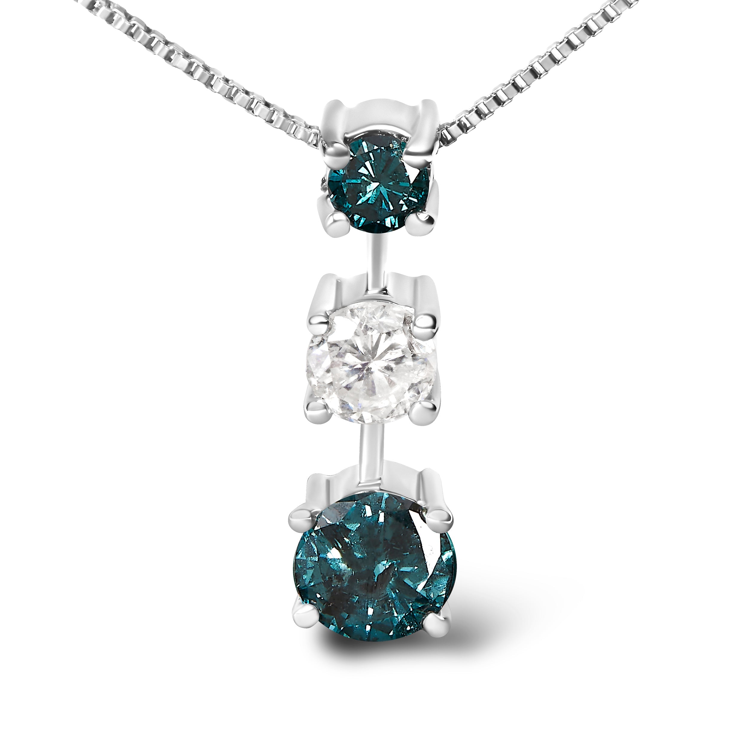 14K White Gold 1 1/2 Cttw Treated Blue and White Diamond 3-Stone 18" Pendant Necklace (Blue/H-I Color, I1-I2 Clarity) by Bids.com