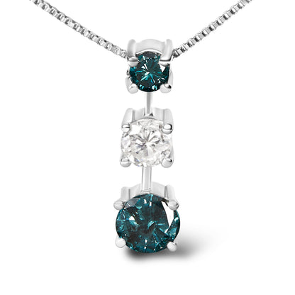 14K White Gold 1 1/2 Cttw Treated Blue and White Diamond 3-Stone 18" Pendant Necklace (Blue/H-I Color, I1-I2 Clarity) by Bids.com