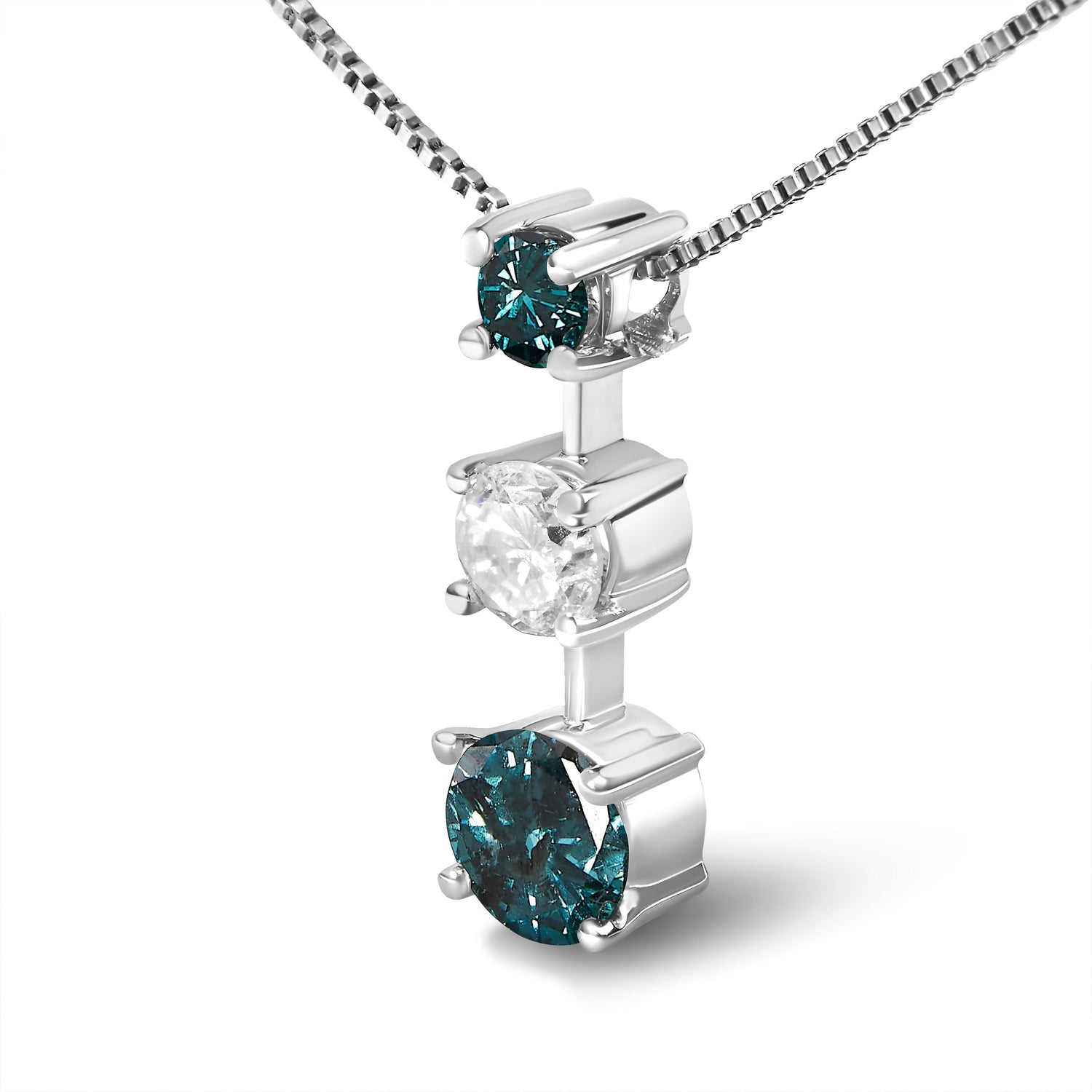14K White Gold 1 1/2 Cttw Treated Blue and White Diamond 3-Stone 18" Pendant Necklace (Blue/H-I Color, I1-I2 Clarity) by Bids.com