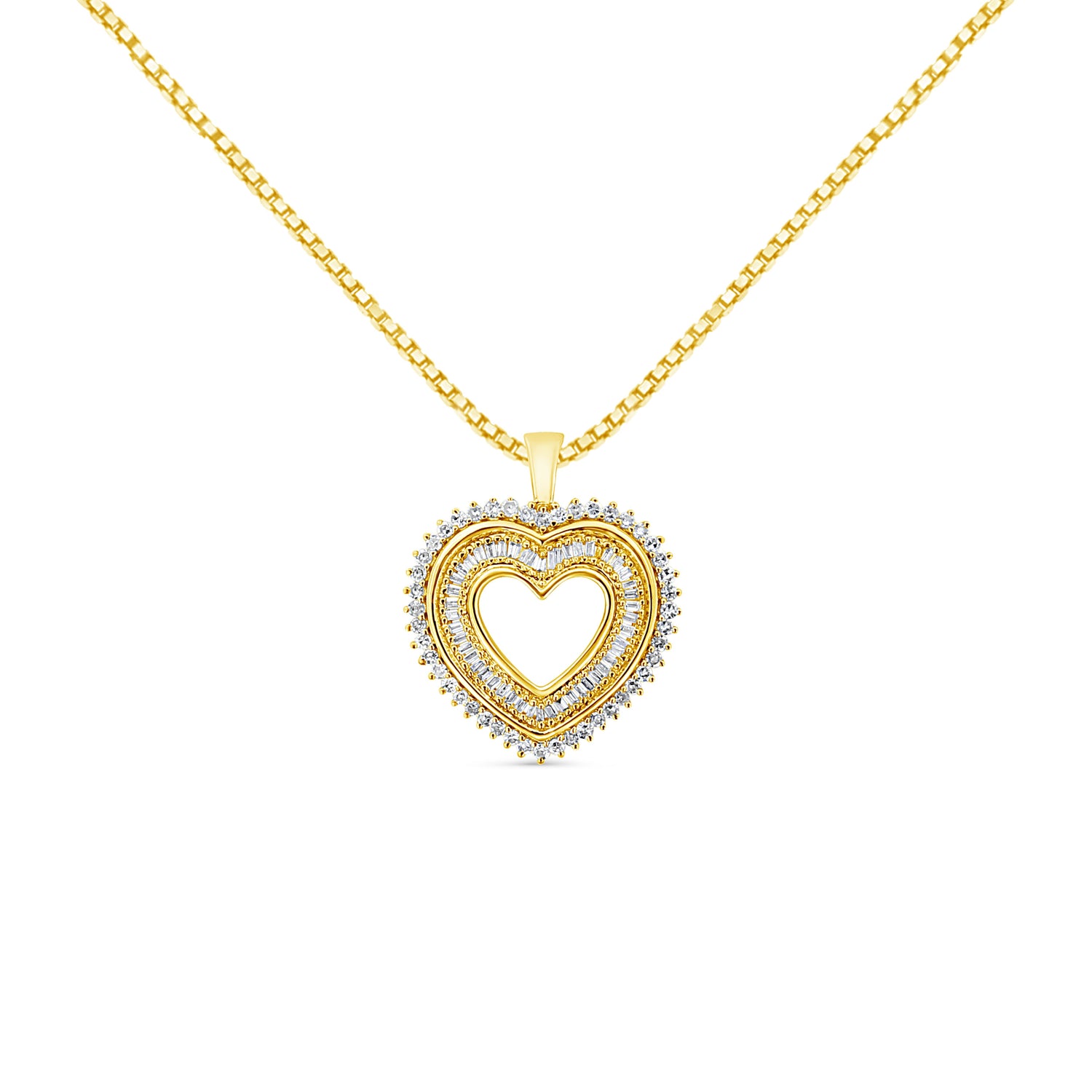 14K Yellow Gold Plated .925 Sterling Silver 1.0 Cttw Round and Baguette-Cut Diamond Composite Hearth 18" Pendant Necklace (I-J Color, I1-I2 Clarity)  DestGlow