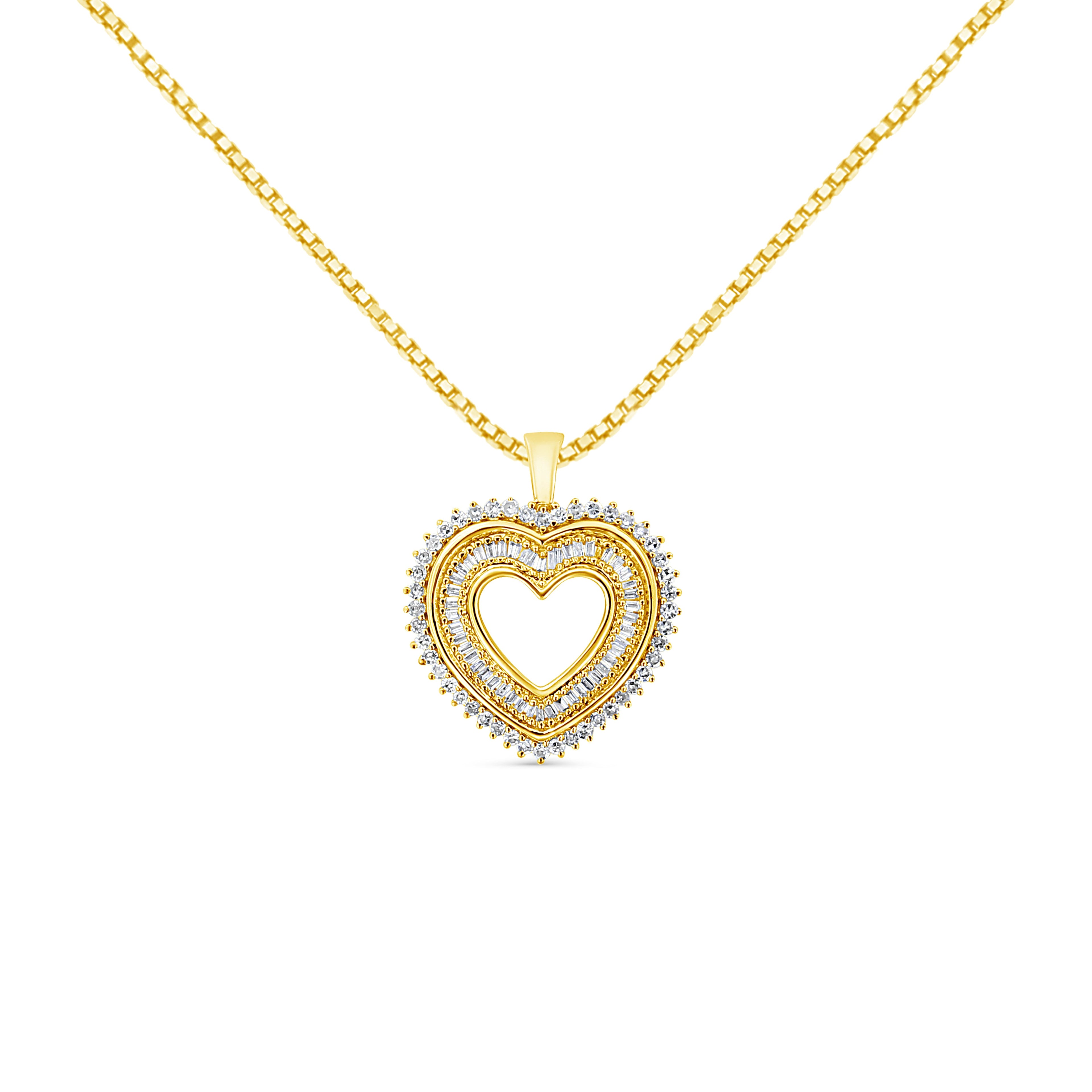 14K Yellow Gold Plated .925 Sterling Silver 1.0 Cttw Round and Baguette-Cut Diamond Composite Hearth 18" Pendant Necklace (I-J Color, I1-I2 Clarity)  DestGlow