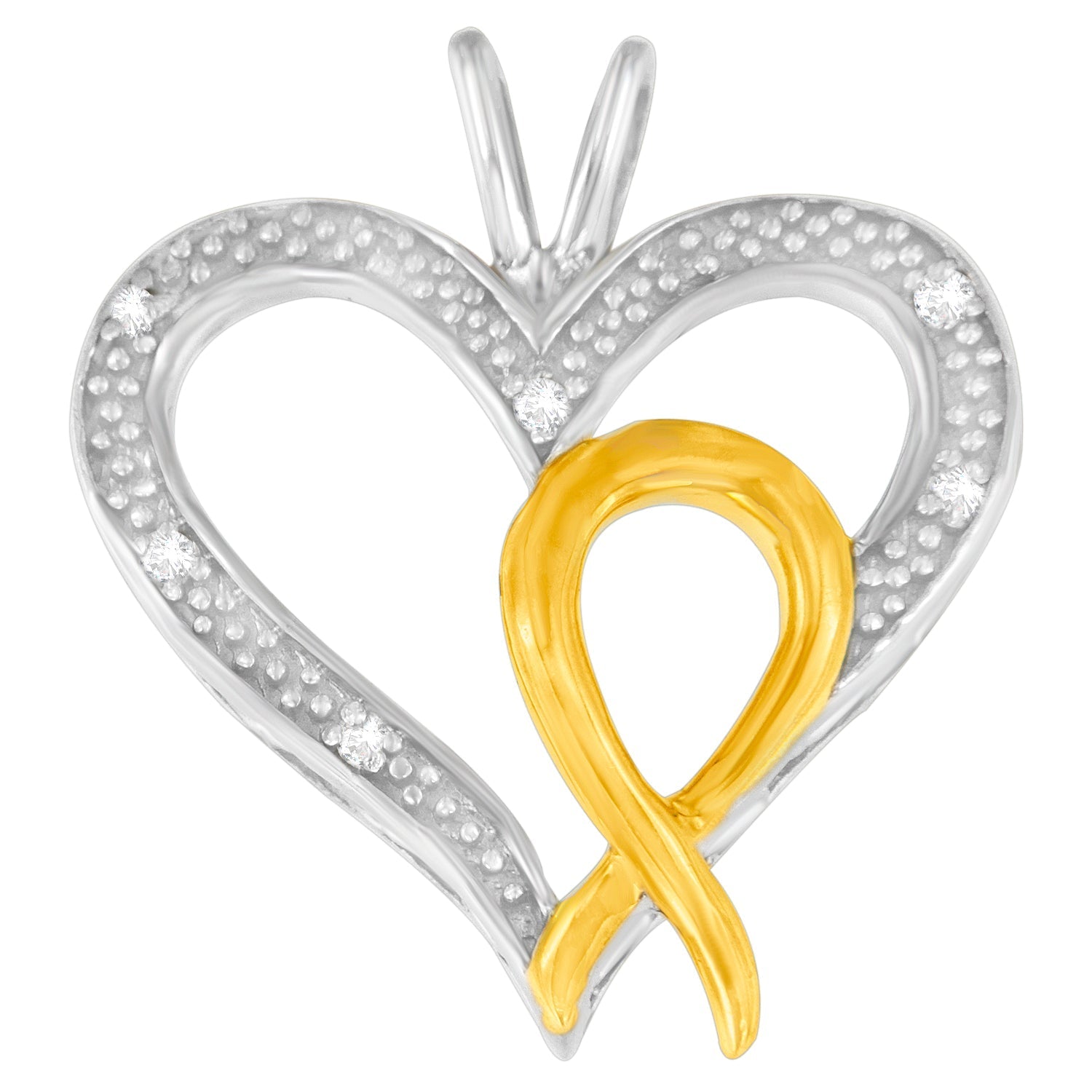 .925 Sterling Silver Two Toned 1/25 cttw Diamond Heart-Ribbon Pendant Necklace (I-J, I2-I3)  DestGlow