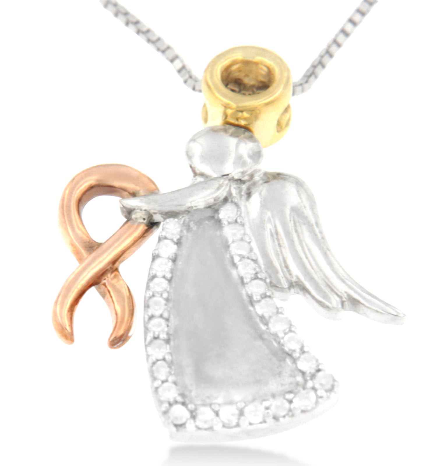 10K Tri-Color Gold Diamond-Accented Angel Awareness Ribbon Pendant Necklace (H-I Color, I1-I2 Clarity) by Bids.com