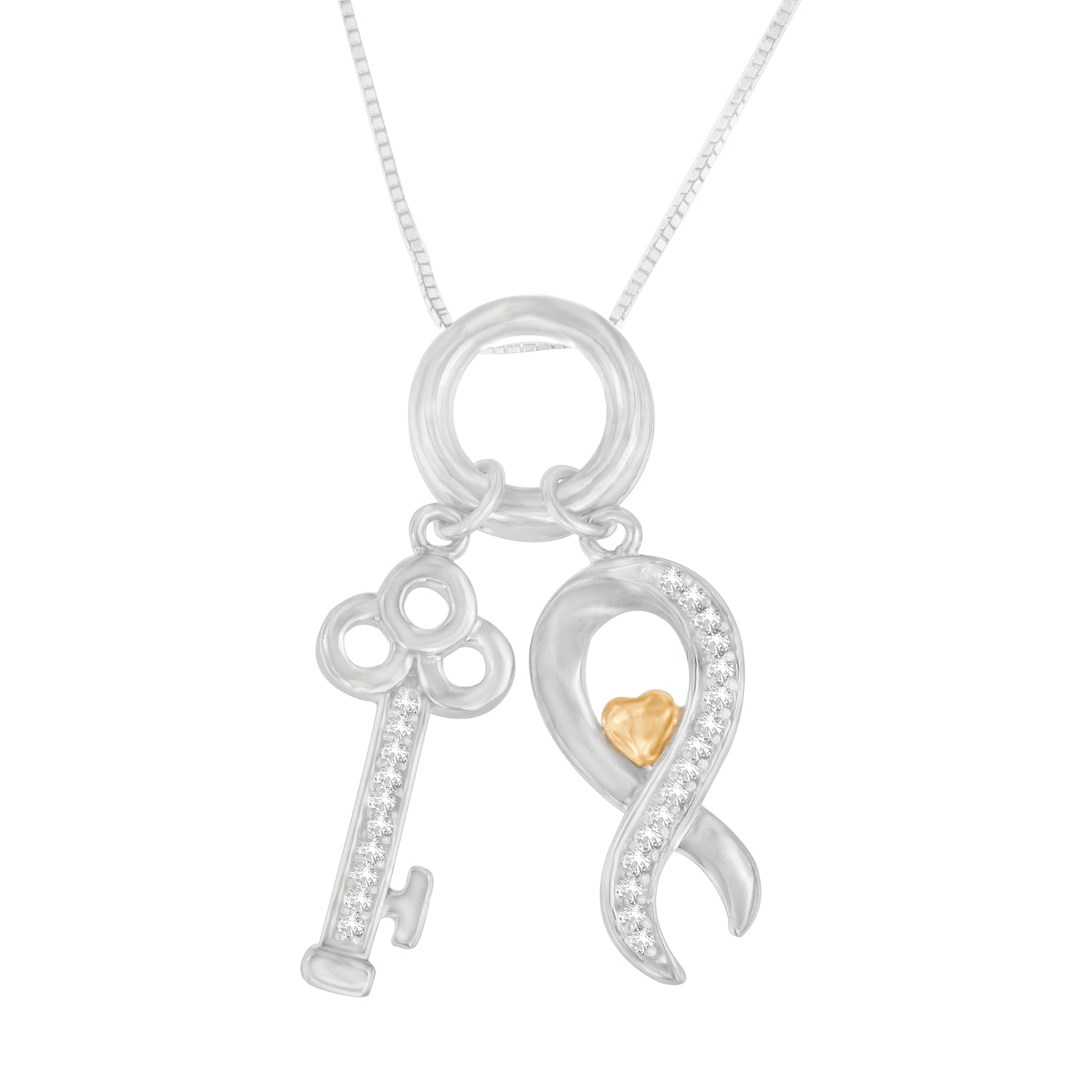 Two Tone .925 Sterling Silver 1/6 cttw Diamond Symbol Key Pendant Necklace (H-I, I1-I2)  DestGlow