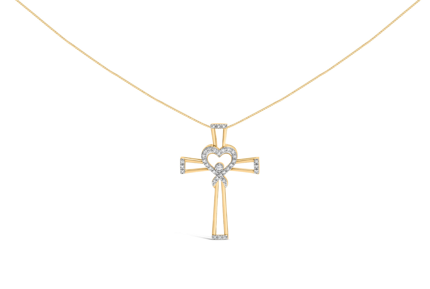 14K Yellow Gold Plated .925 Sterling Silver 1/6 Cttw Diamond Interlocking Heart and Ribbon Cross Pendant Necklace (H-I Color, I2-I3 Clarity) - 18" Inches by Bids.com