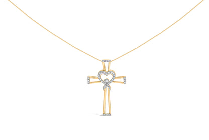 14K Yellow Gold Plated .925 Sterling Silver 1/6 Cttw Diamond Interlocking Heart and Ribbon Cross Pendant Necklace (H-I Color, I2-I3 Clarity) - 18" Inches by Bids.com