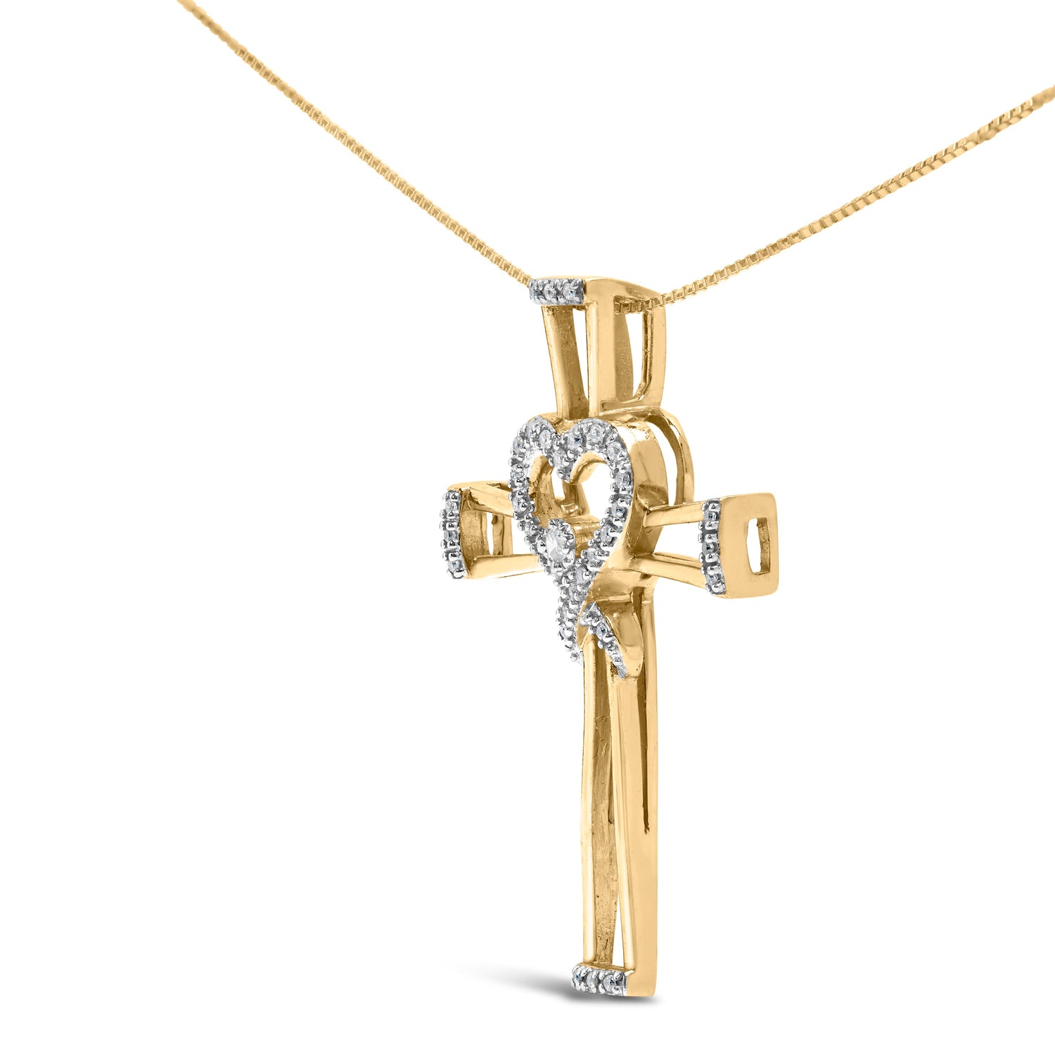 14K Yellow Gold Plated .925 Sterling Silver 1/6 Cttw Diamond Interlocking Heart and Ribbon Cross Pendant Necklace (H-I Color, I2-I3 Clarity) - 18" Inches by Bids.com