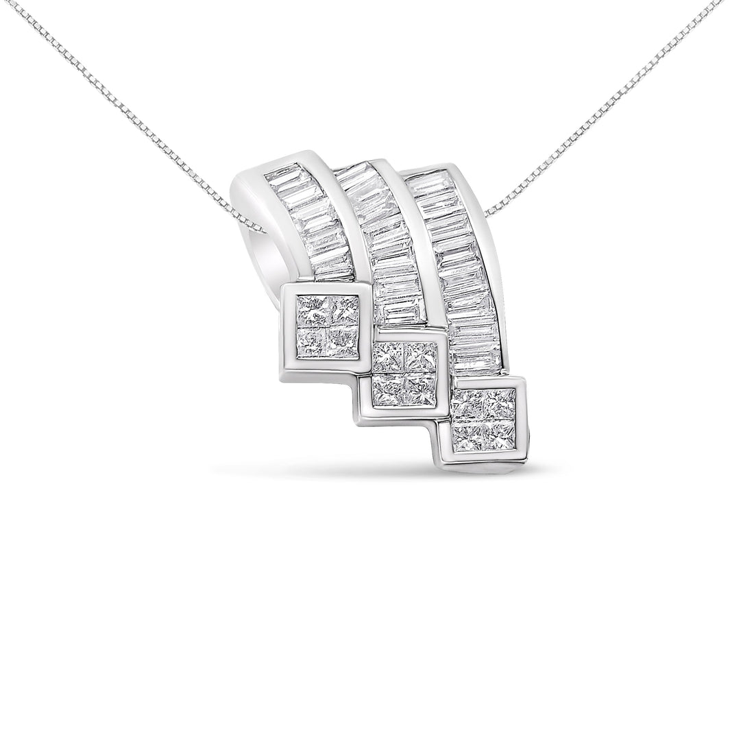 14K White Gold 1 1/2 Cttw Invisible Set Princess and Channel Set Baguette-cut Diamond Triple Curve Pendant Necklace (G-H Color, SI1-SI2 Clarity) - NO CHAIN INCLUDED - DestGlow