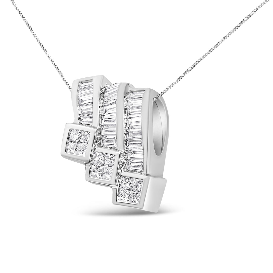 14K White Gold 1 1/2 Cttw Invisible Set Princess and Channel Set Baguette-cut Diamond Triple Curve Pendant Necklace (G-H Color, SI1-SI2 Clarity) - NO CHAIN INCLUDED - DestGlow