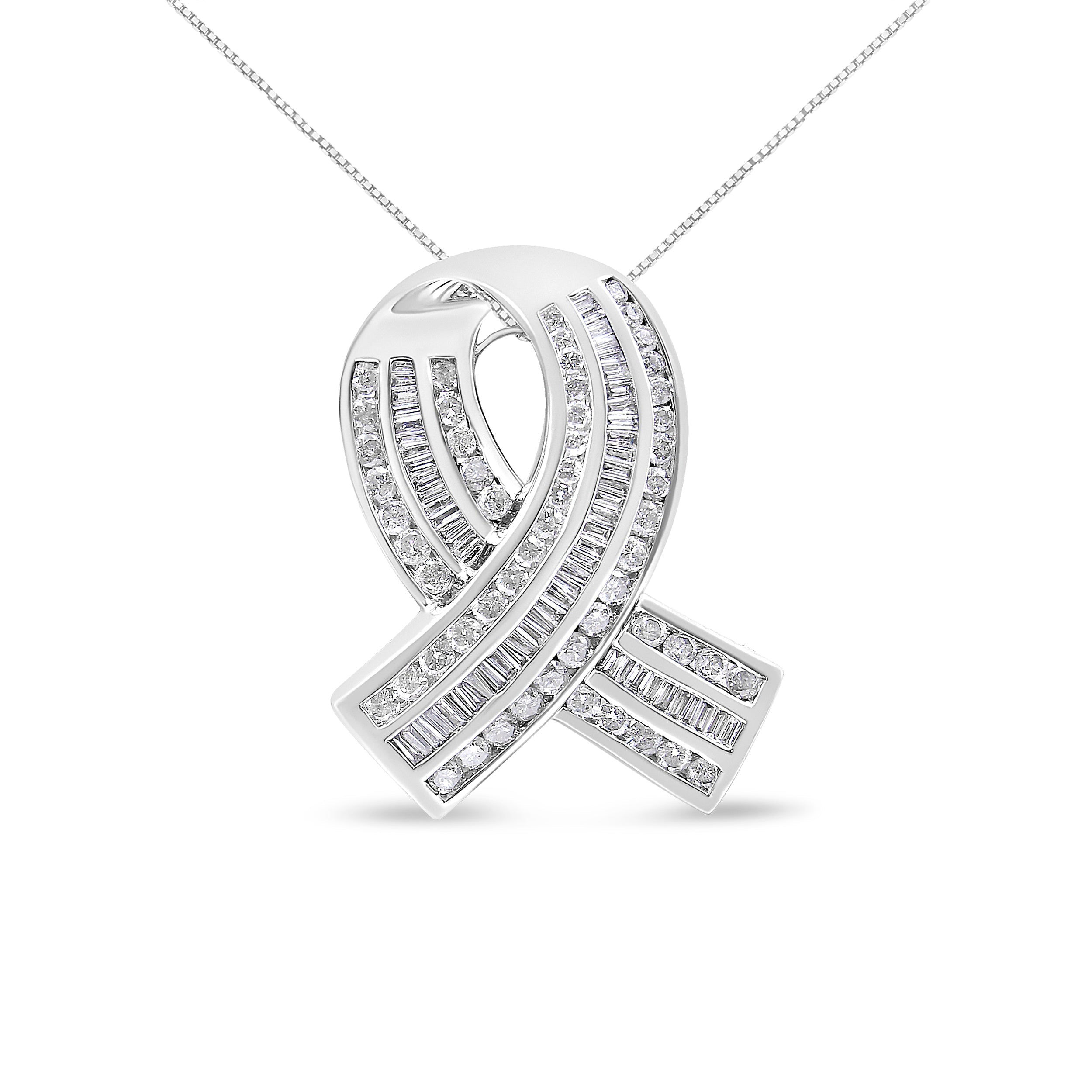 14K White Gold 2 5/8 Cttw Channel Set Round and Baguette Diamond Awareness Ribbon Pendant (H-I Color, I1-I2 Clarity) - Chain Not Included by Bids.com