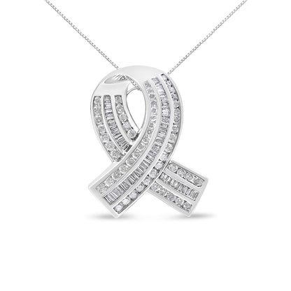 14K White Gold 2 5/8 Cttw Channel Set Round and Baguette Diamond Awareness Ribbon Pendant (H-I Color, I1-I2 Clarity) - Chain Not Included by Bids.com
