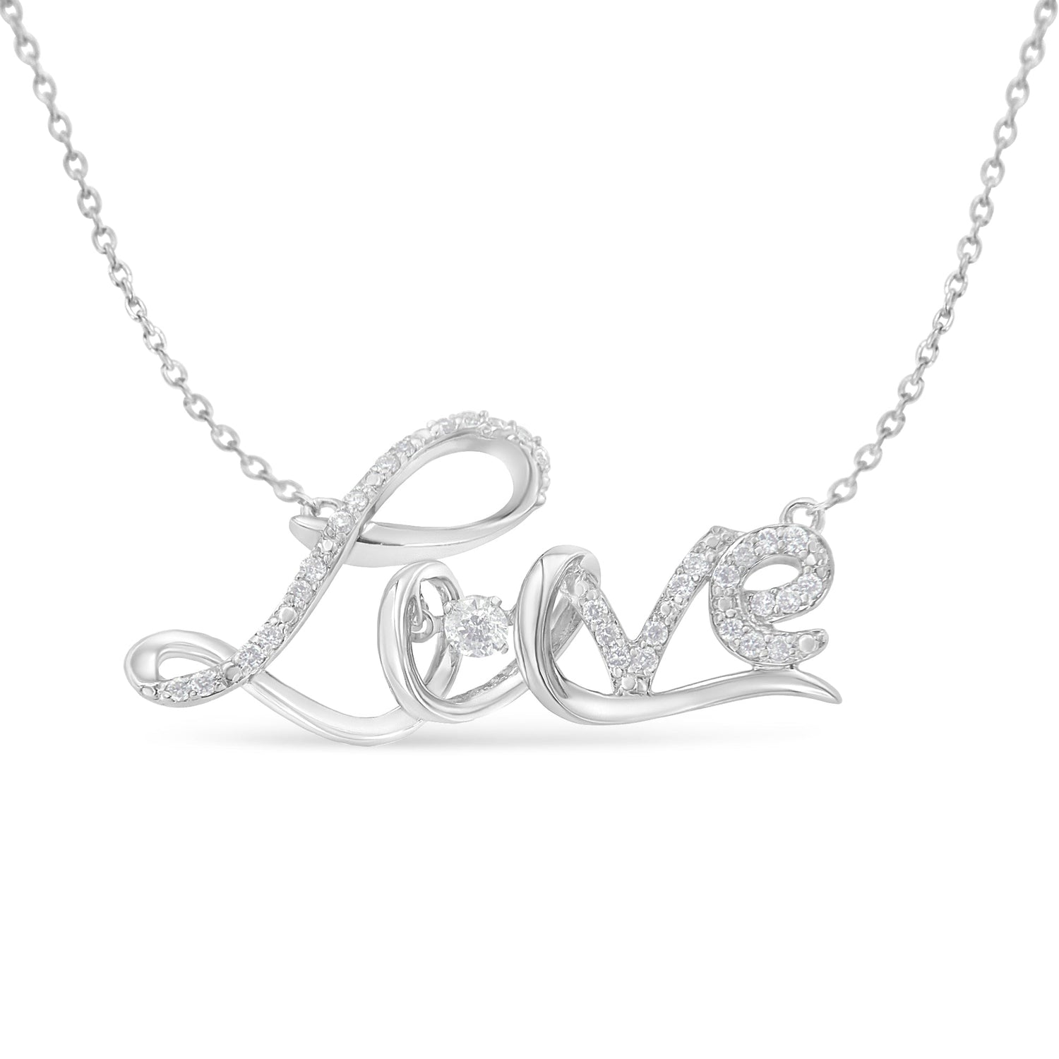 .925 Sterling Silver 1/4 Cttw Diamond Cursive "Love" 18" Pendant Necklace (H-I Color, I1-I2 Clarity) by Bids.com