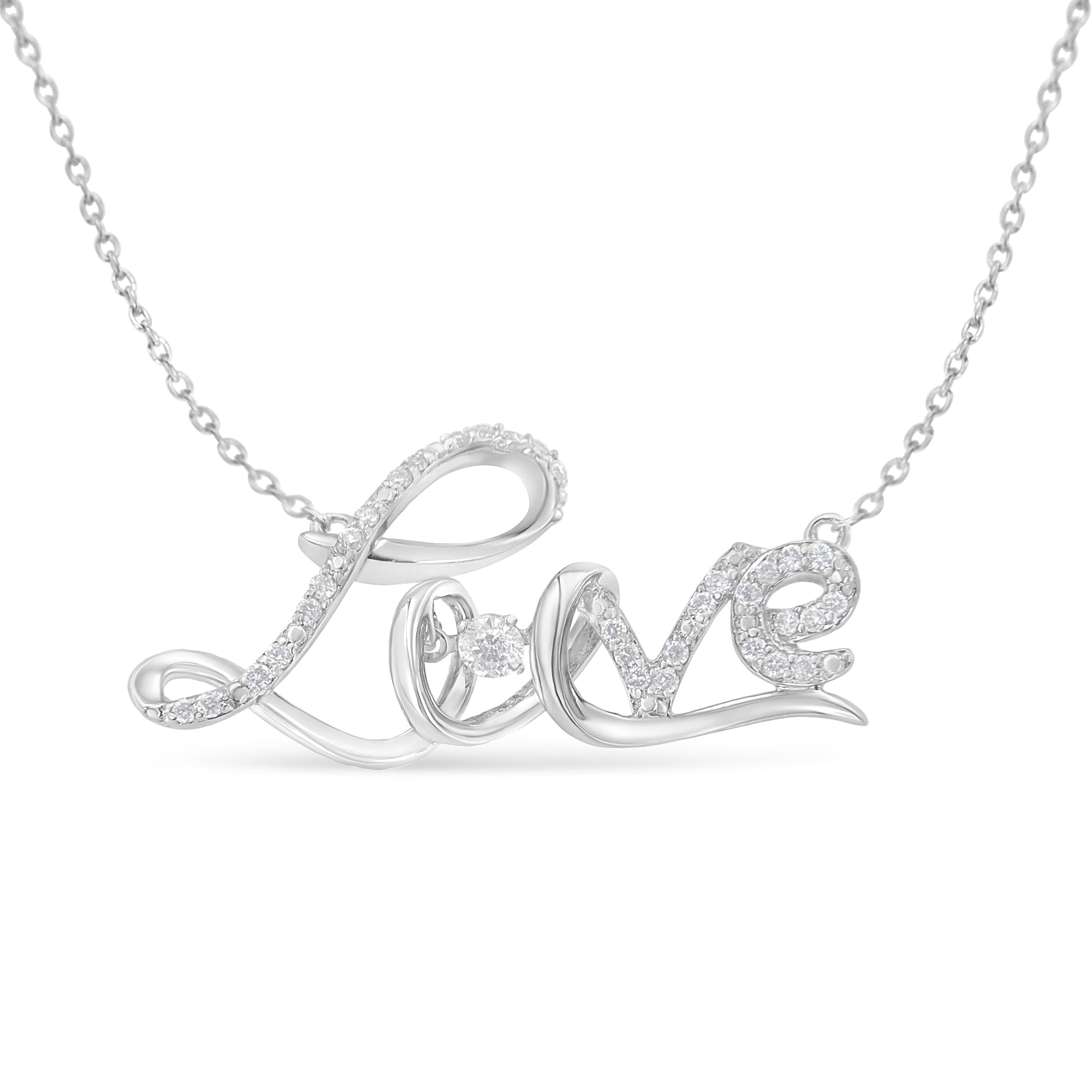 .925 Sterling Silver 1/4 Cttw Diamond Cursive "Love" 18" Pendant Necklace (H-I Color, I1-I2 Clarity) by Bids.com