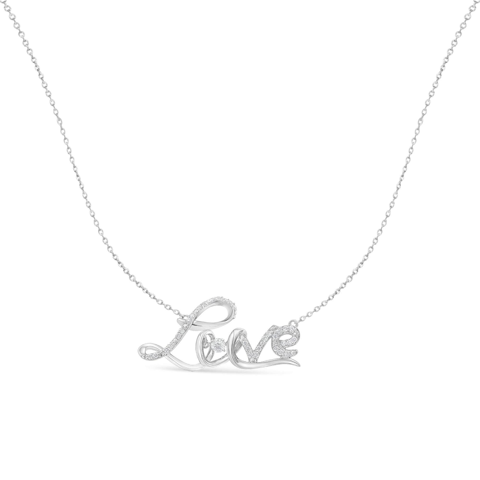 .925 Sterling Silver 1/4 Cttw Diamond Cursive "Love" 18" Pendant Necklace (H-I Color, I1-I2 Clarity) by Bids.com