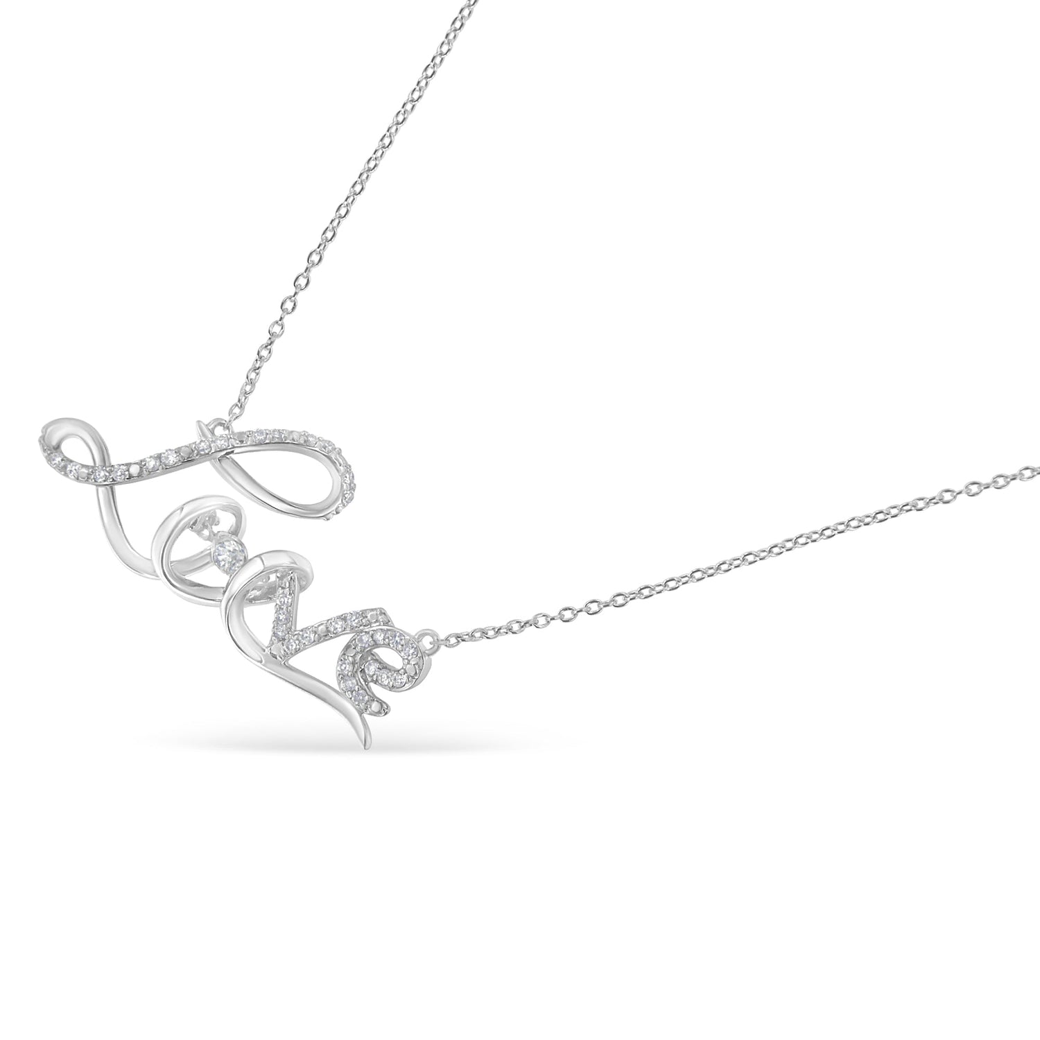 .925 Sterling Silver 1/4 Cttw Diamond Cursive "Love" 18" Pendant Necklace (H-I Color, I1-I2 Clarity) by Bids.com